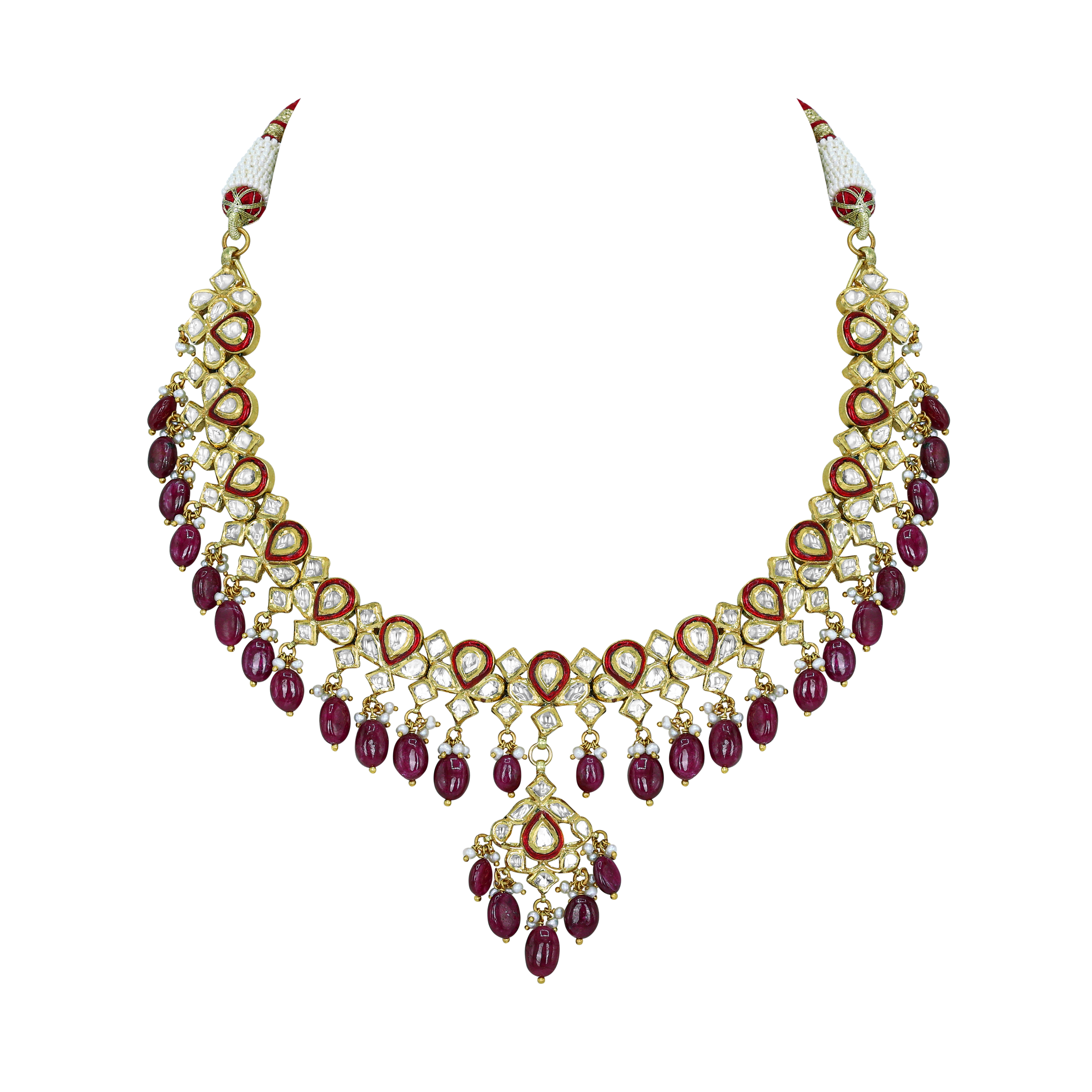Polki Necklace with Red Enamel and Ruby Drops