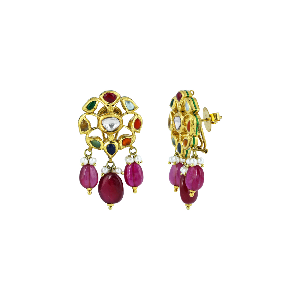 Polki Navaratna Choker Set with Ruby Drops and Detachable Kalangi