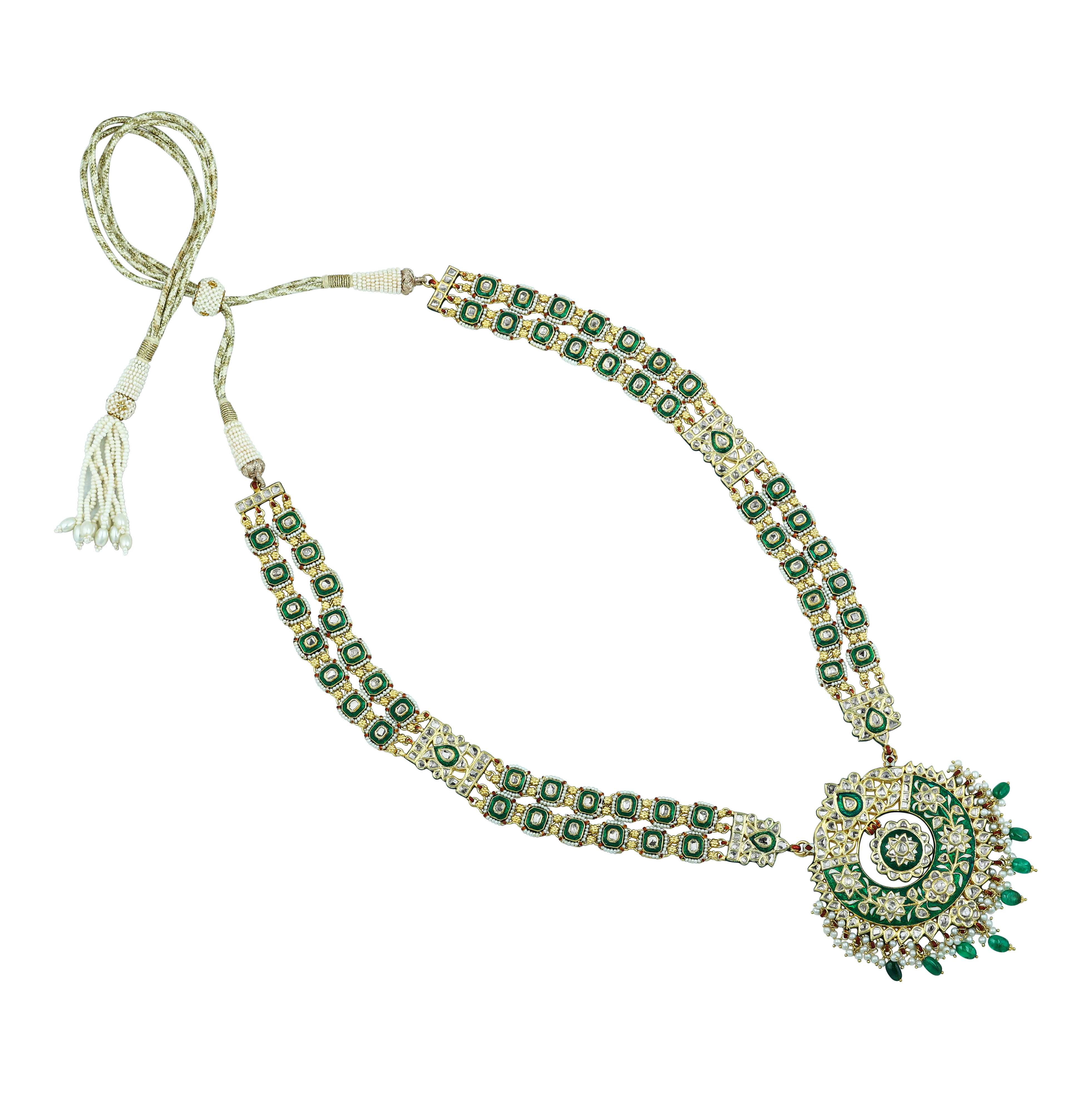 Green Enamel Polki Pendant with Emerald and Pearls