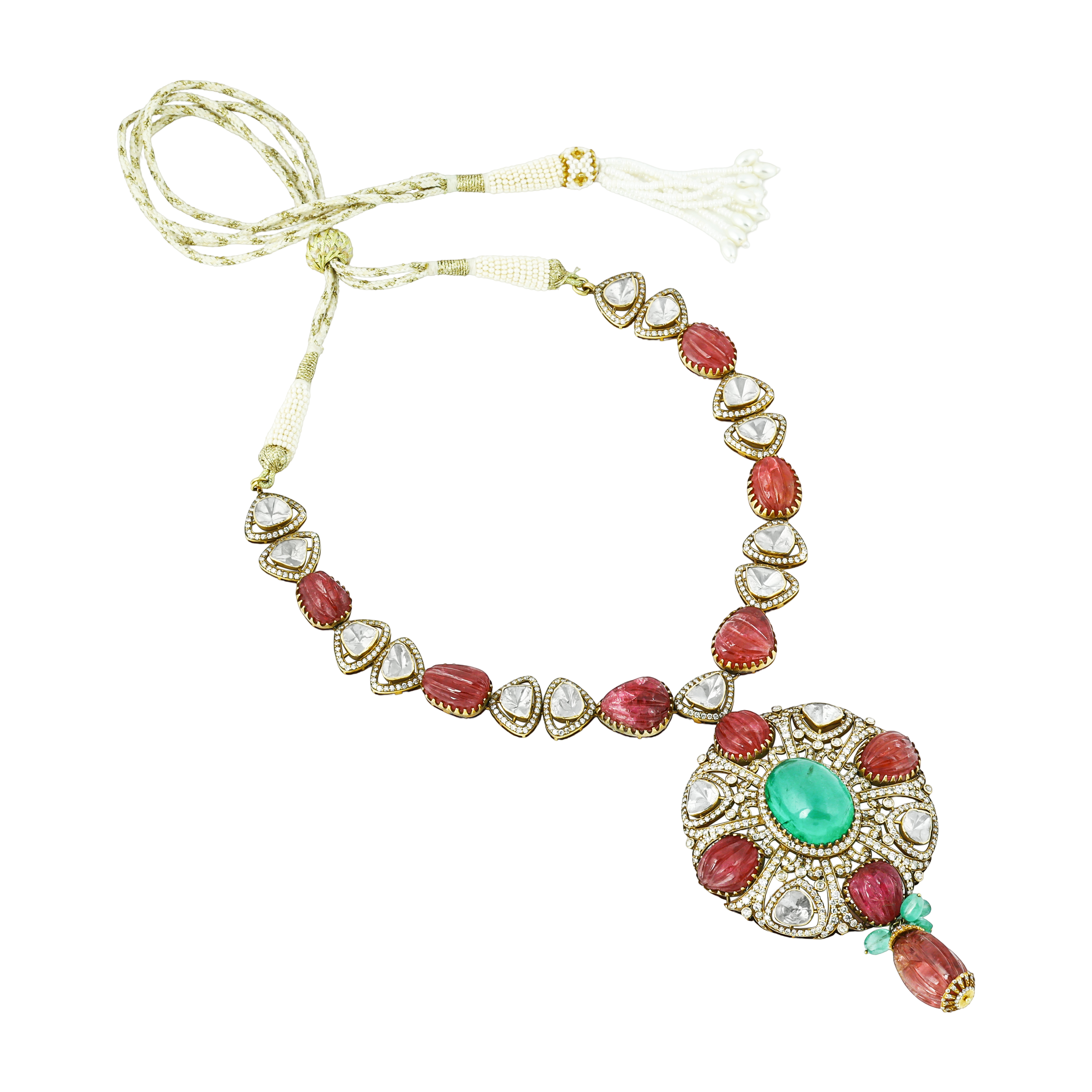 Carved Spinal and Emerald Pendant Necklace with Earrings