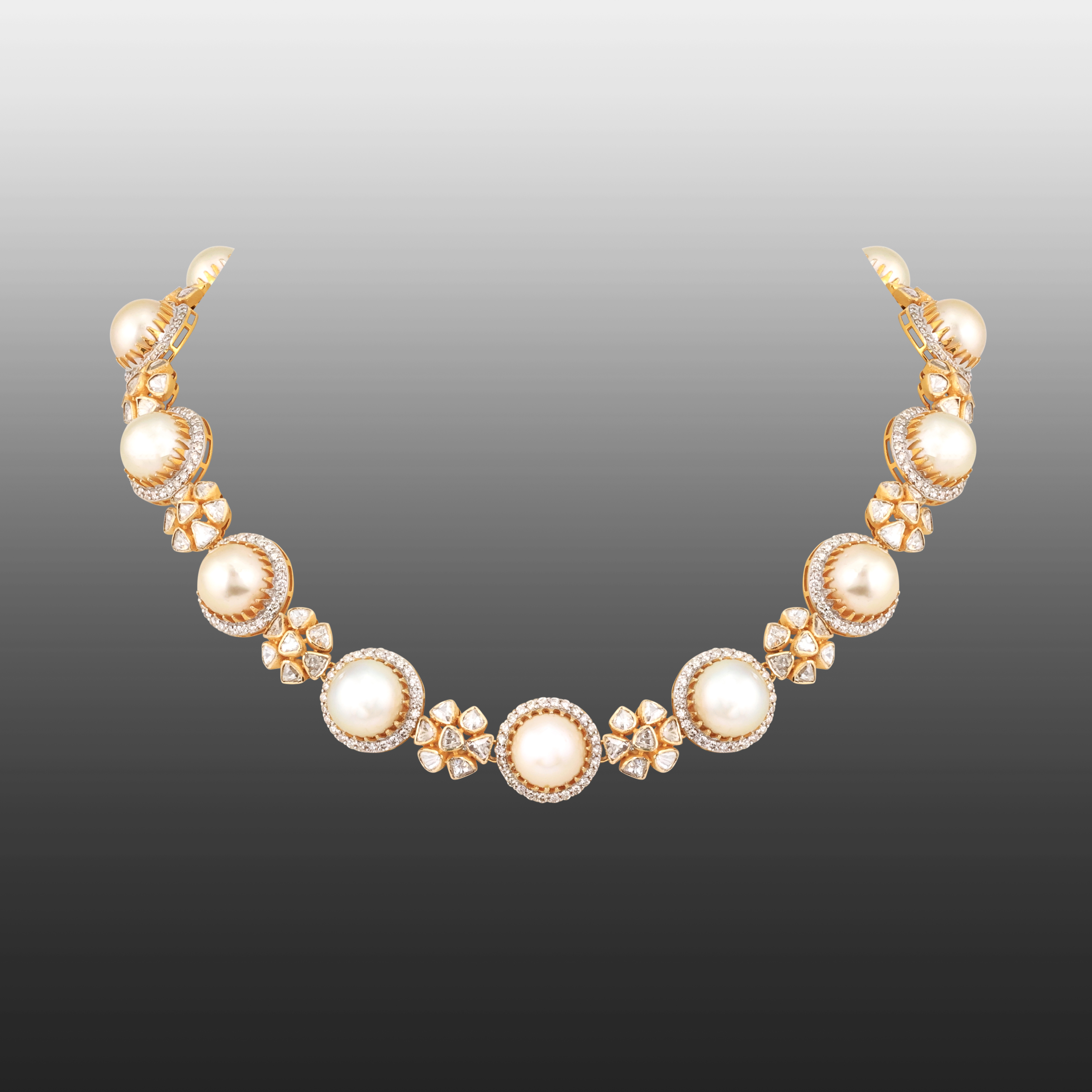 Uncut Polki Floral Necklace with Diamond and Pearls