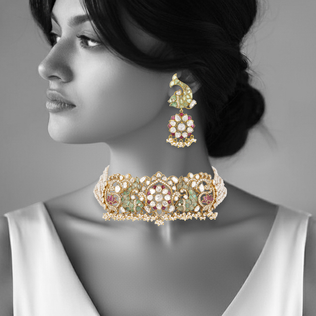 Floral Polki Diamond Choker Set with Green Talaf & Fish Motifs