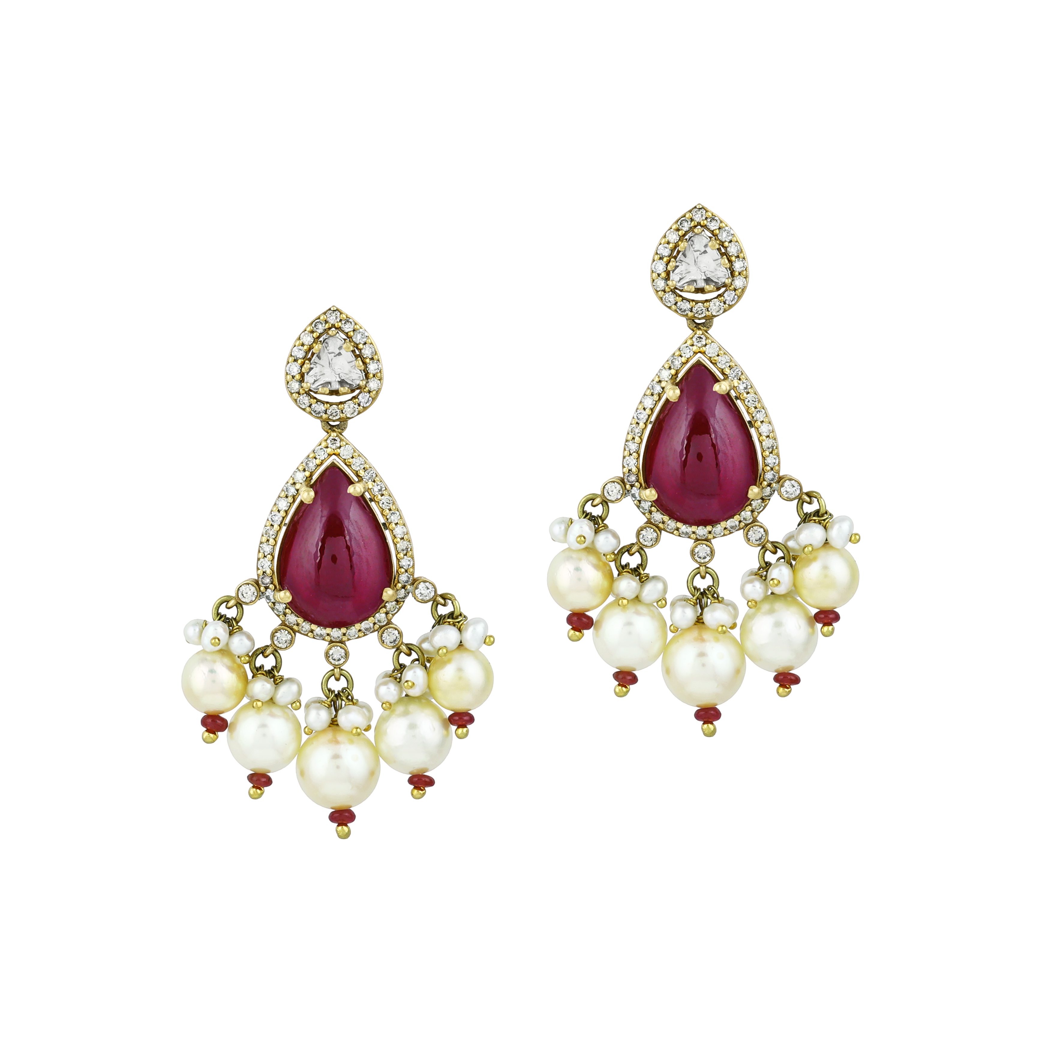 Ruby Colourstone Teardrop Choker Set with Polki Diamonds & Pearls