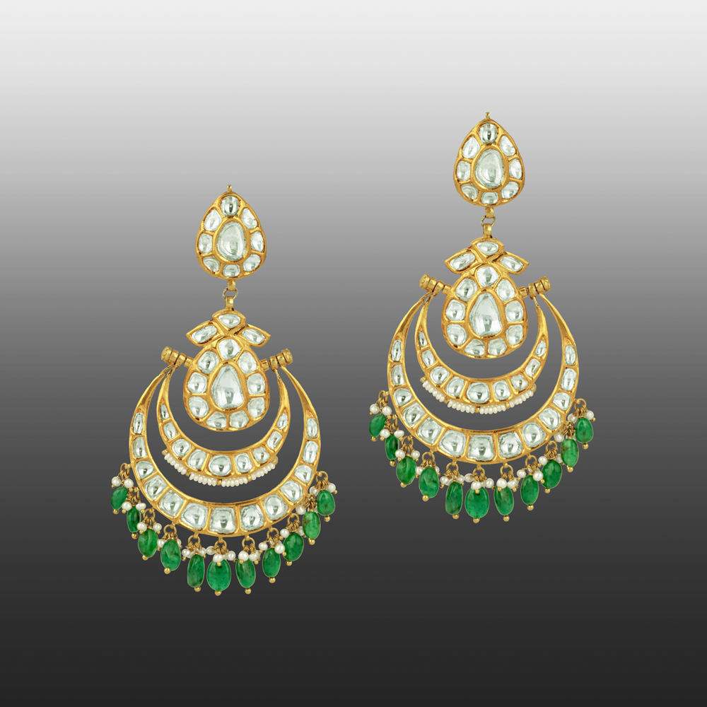 Chandbali Earrings with Polki, Emerald Maniya, and Pearls
