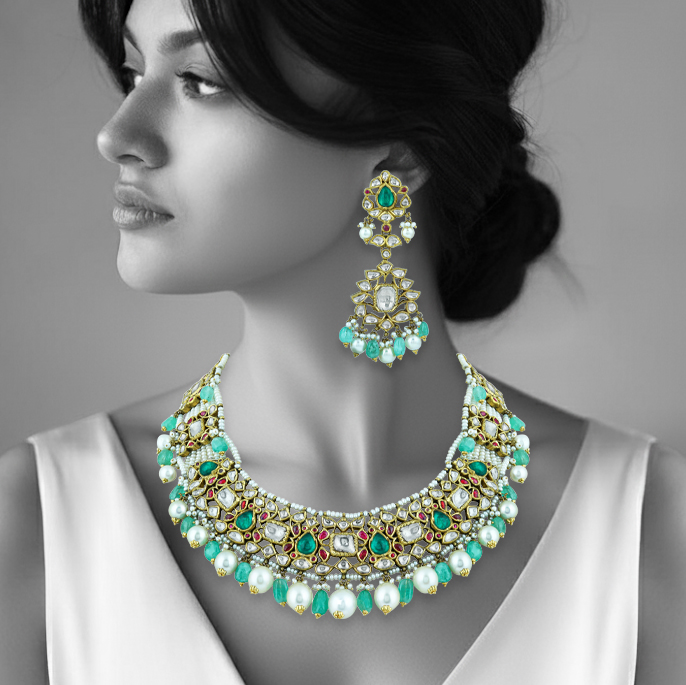 Uncut Diamond Polki Necklace Set with Emerald ,Ruby and Pearls