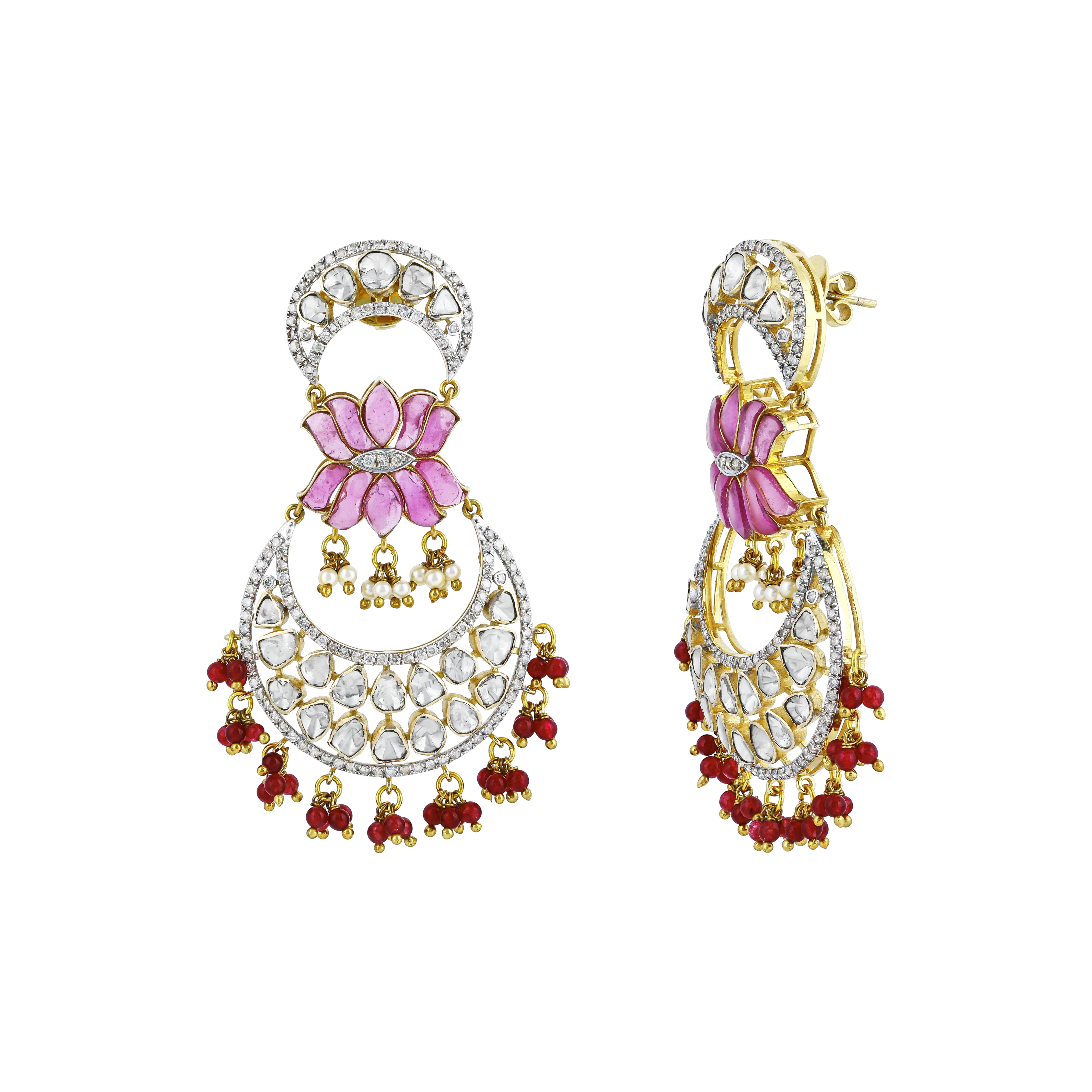 Lotus Polki Earrings with Pink Talaf, Red Drops, and Lotus Design