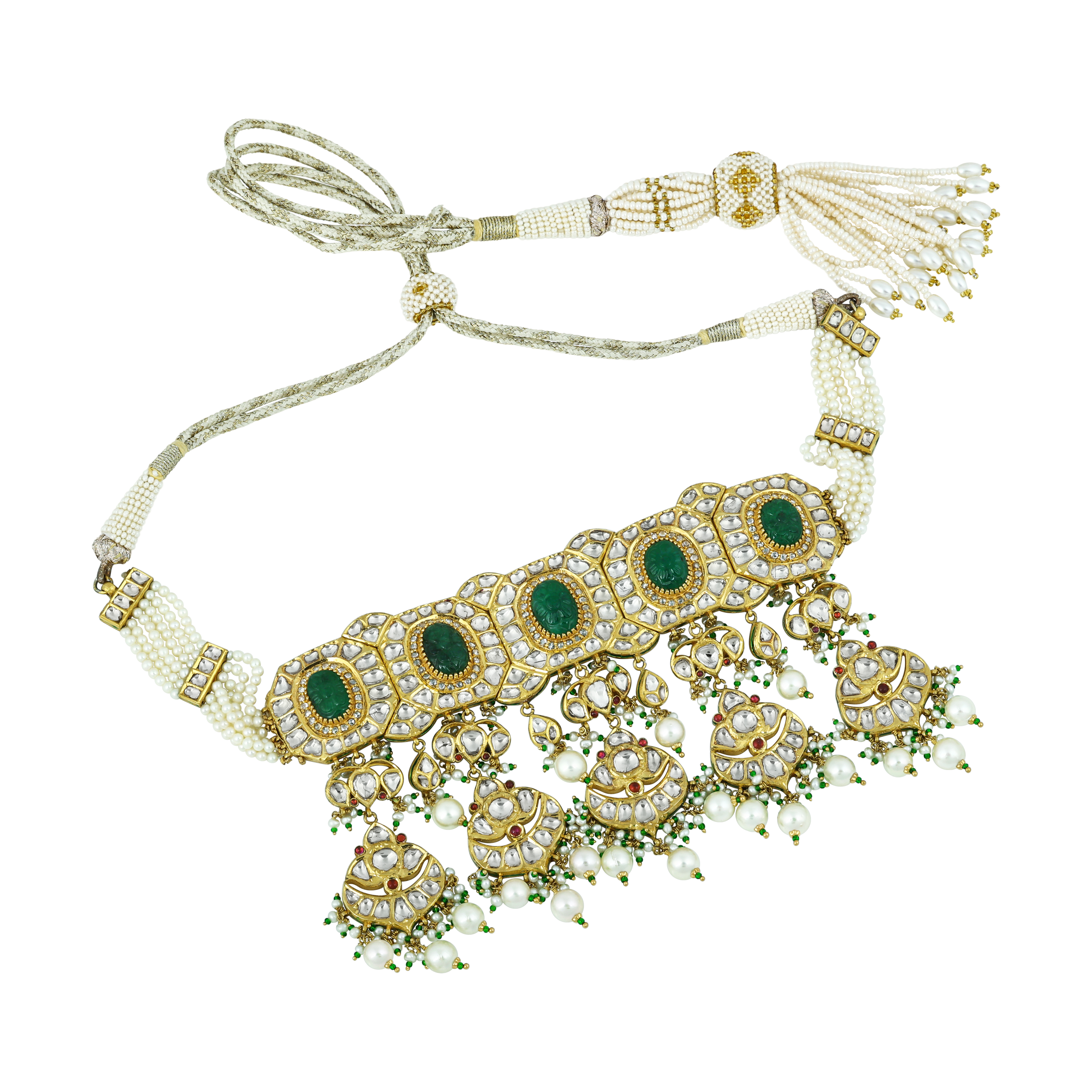 Emerald & Polki Choker with Pearl Layers and Matching Earrings