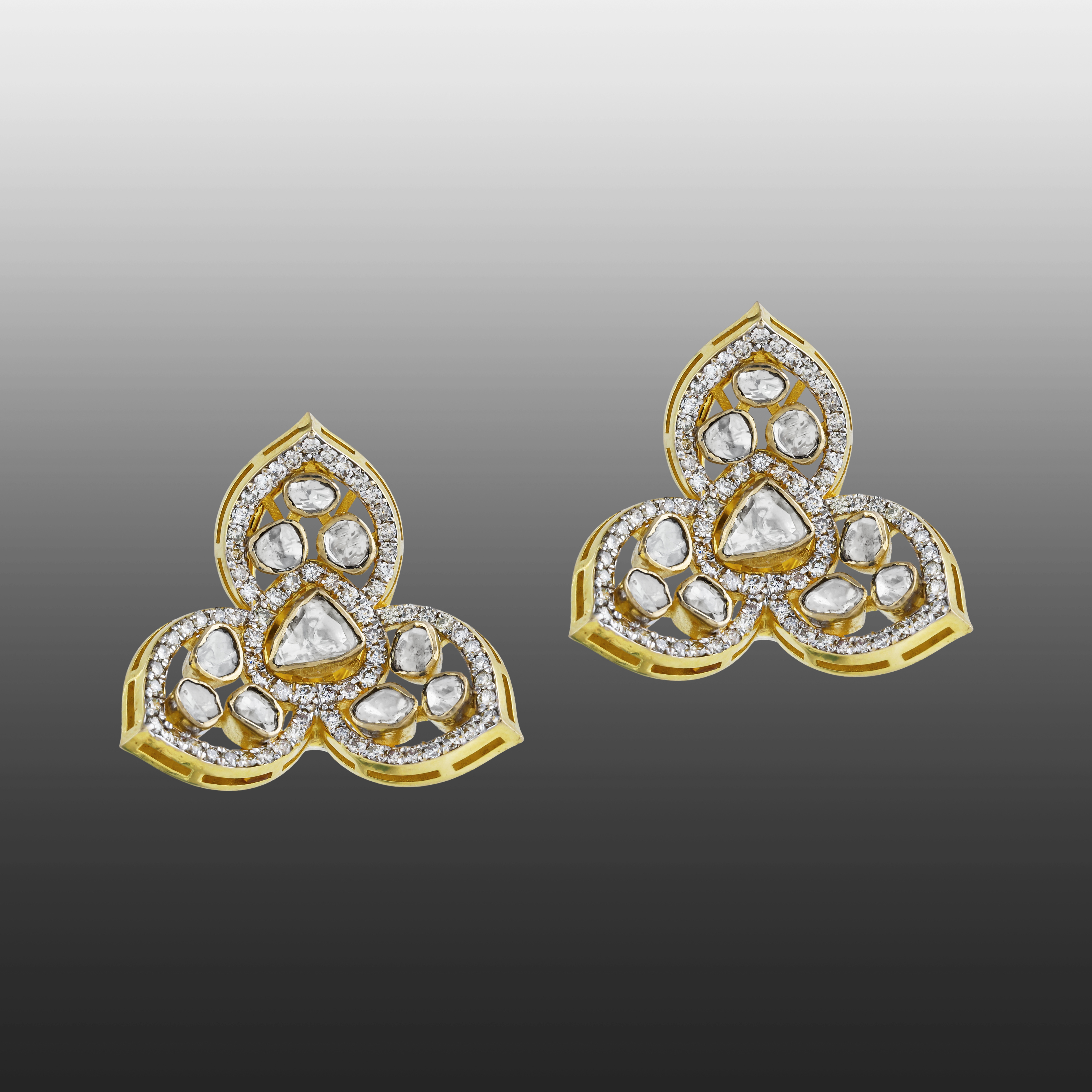 Clovershaped Uncut Diamond Earrings with Pave Diamond Frame