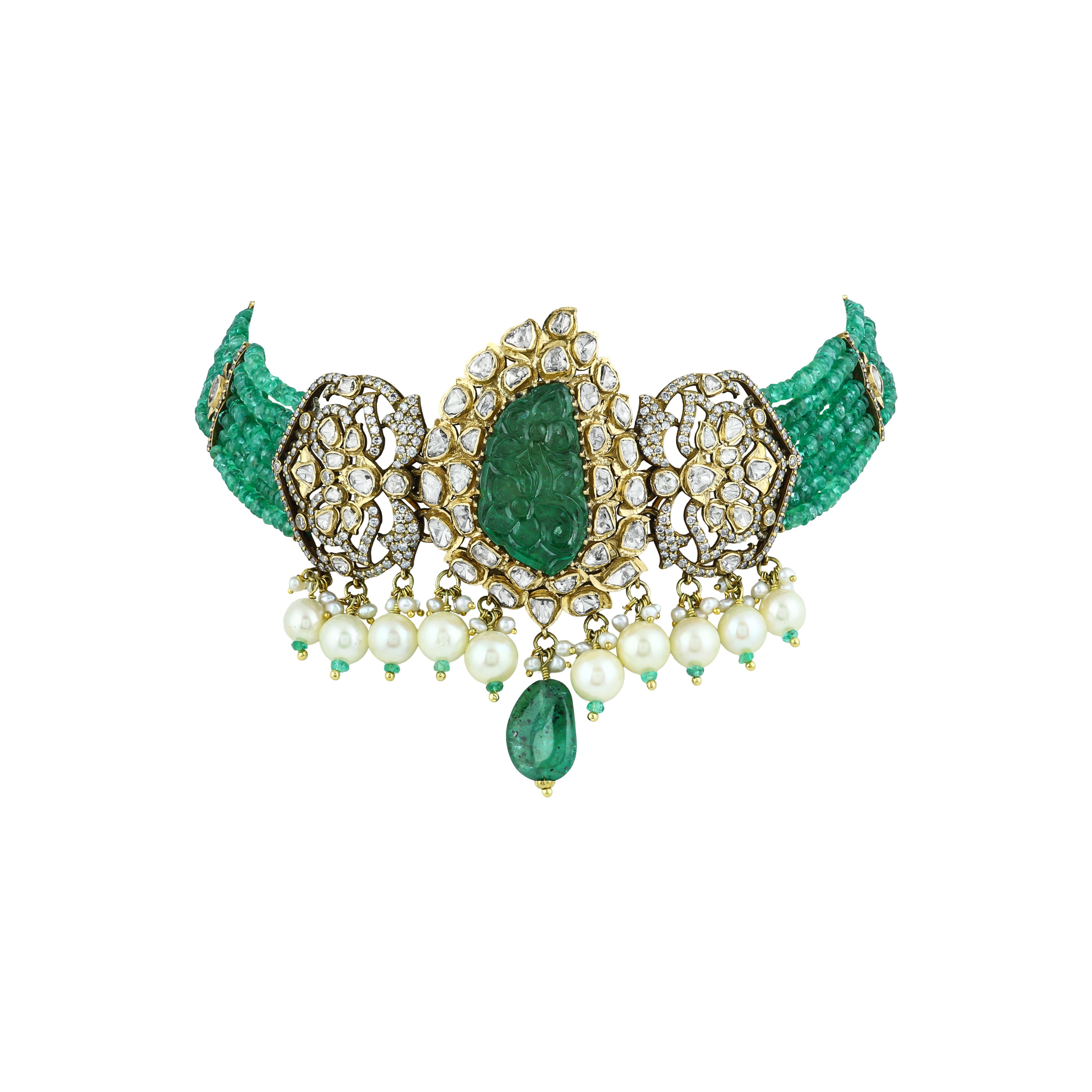 Carved Emerald Choker with Polki, Diamond Filigree, and Pearl Drops