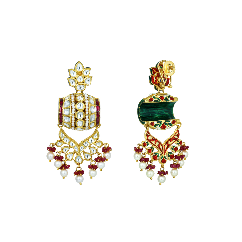 Polki Earrings with Ruby Beads and Pearls