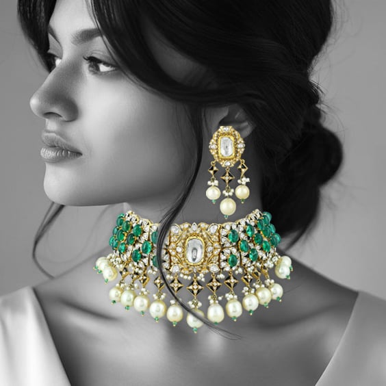 Emerald and Polki Diamond Choker with Pearl Drop Earrings
