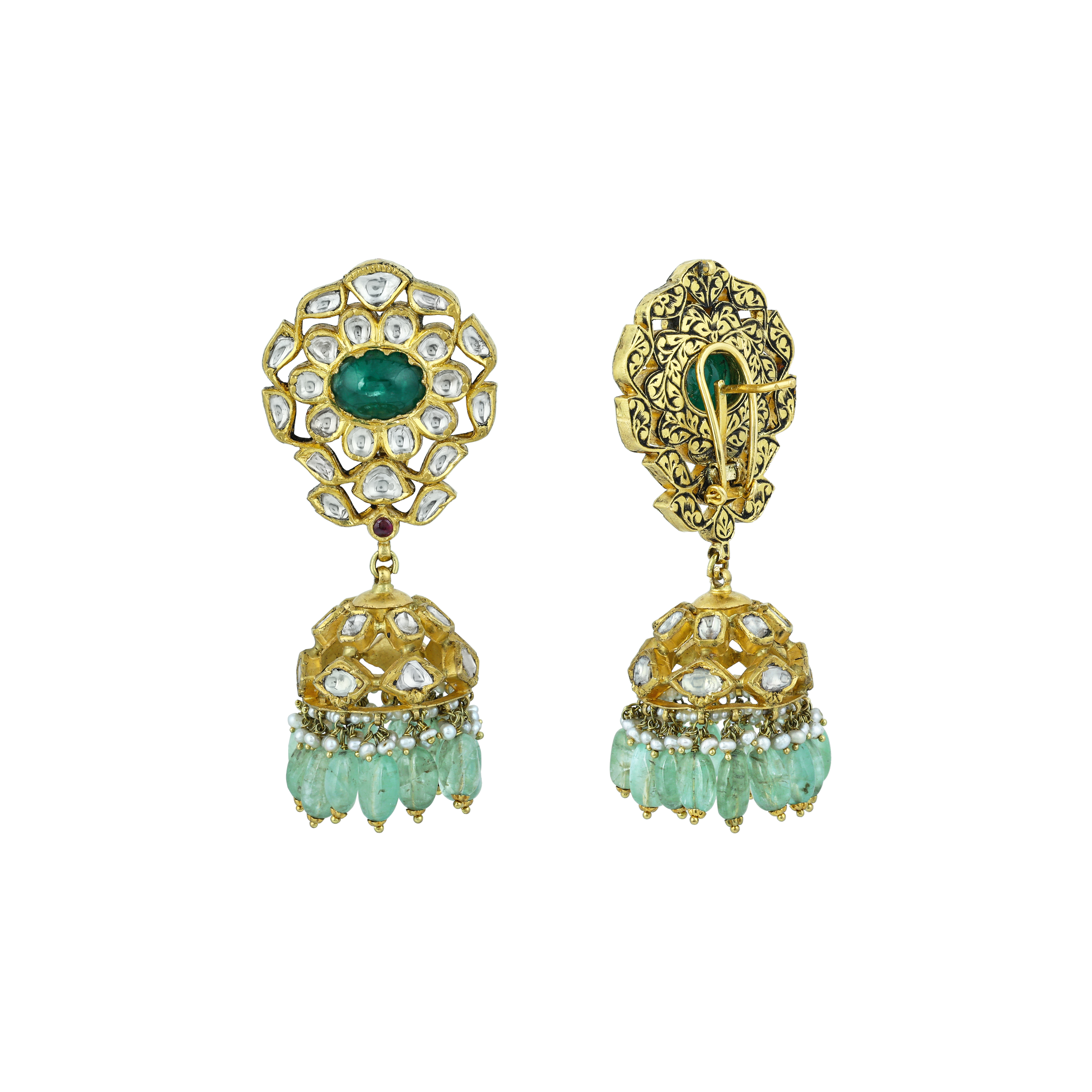 Green Cabochons & Polki Necklace Set with Pearl Accents