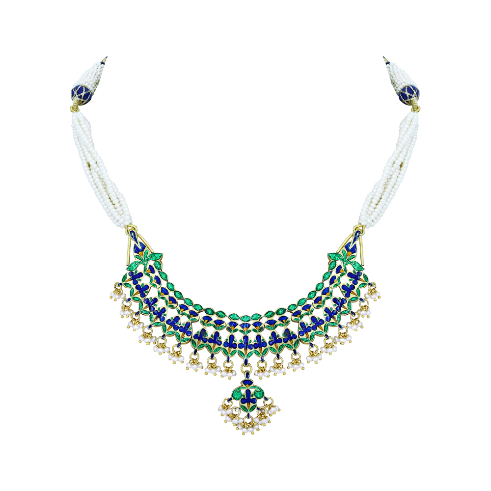 Blue Enamel Teardrop Necklace with Pearls and Fringe Details