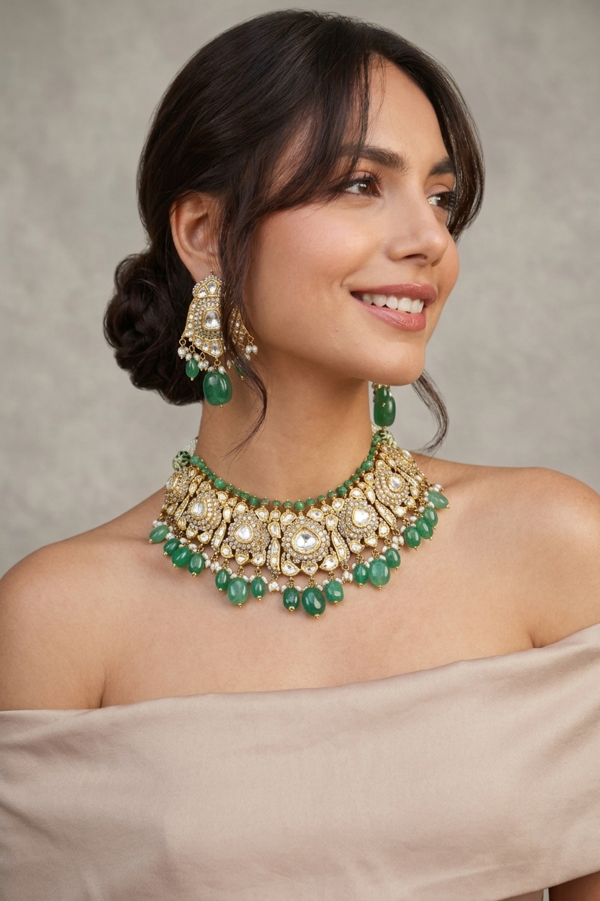 Victorian Rose-Cut Diamond Choker Set with Emerald Beads