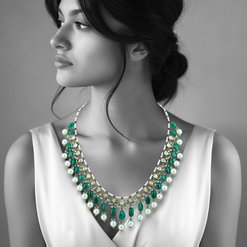 Diamond Polki Necklace with Emerald and Pearls