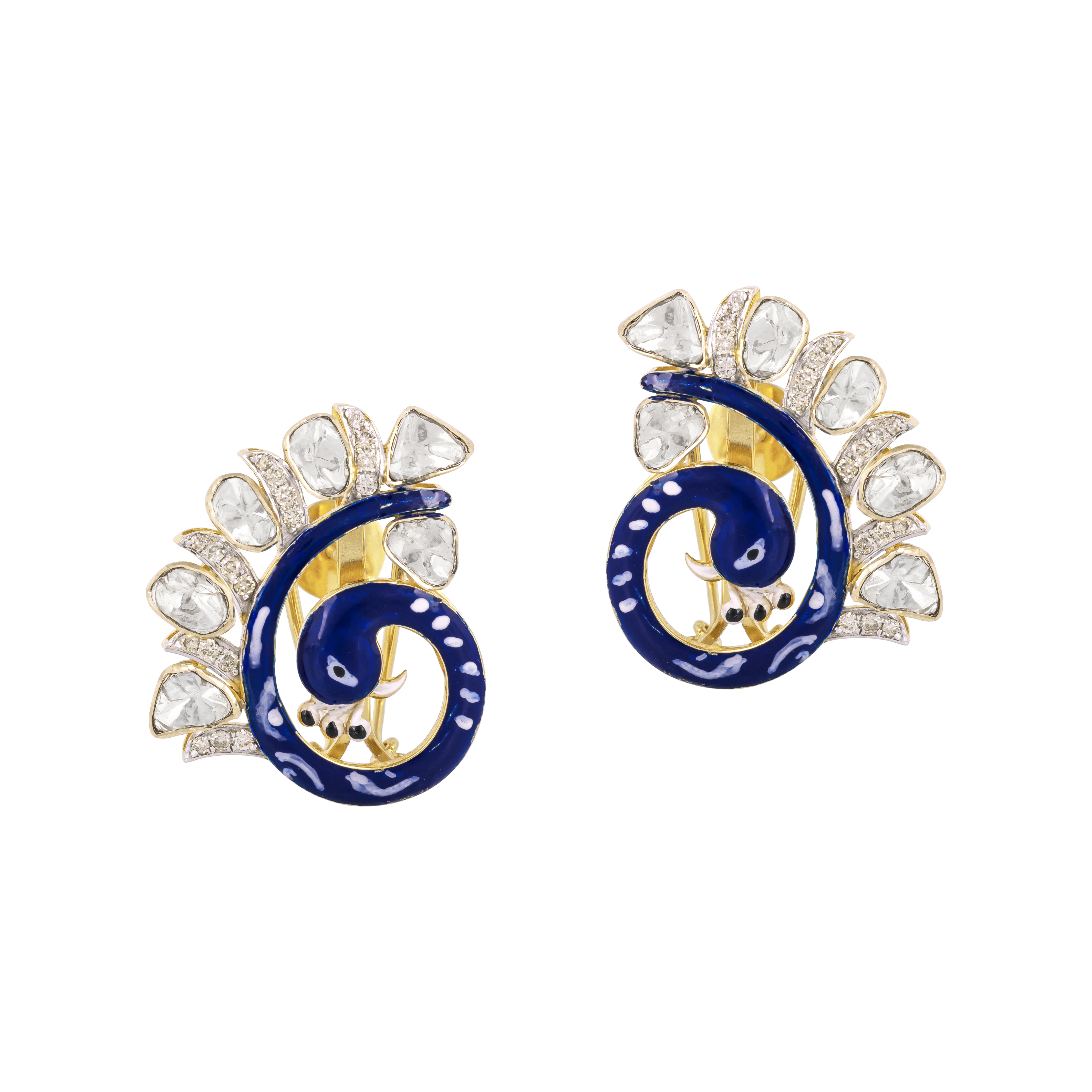 Peacock Earrings with Blue Enamel, Shimmering Diamonds and Polkis