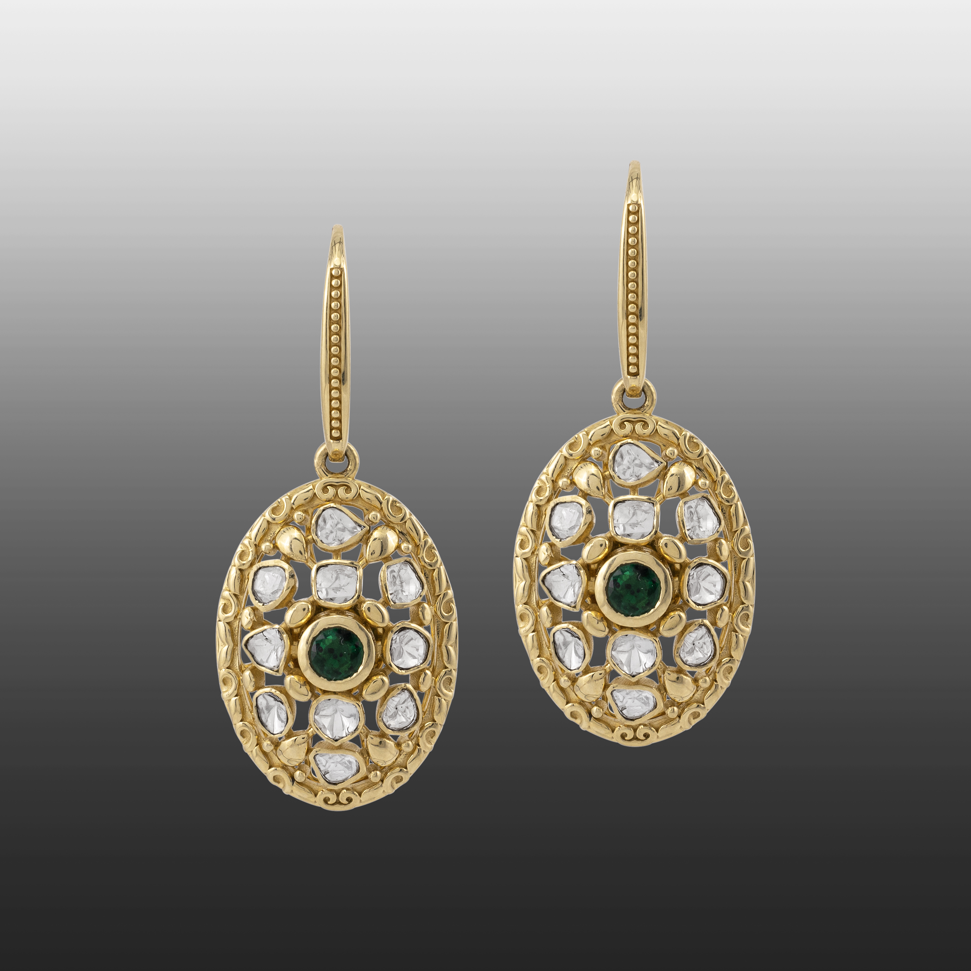 Mini Hoop Polki Oval Earrings with Central Emerald