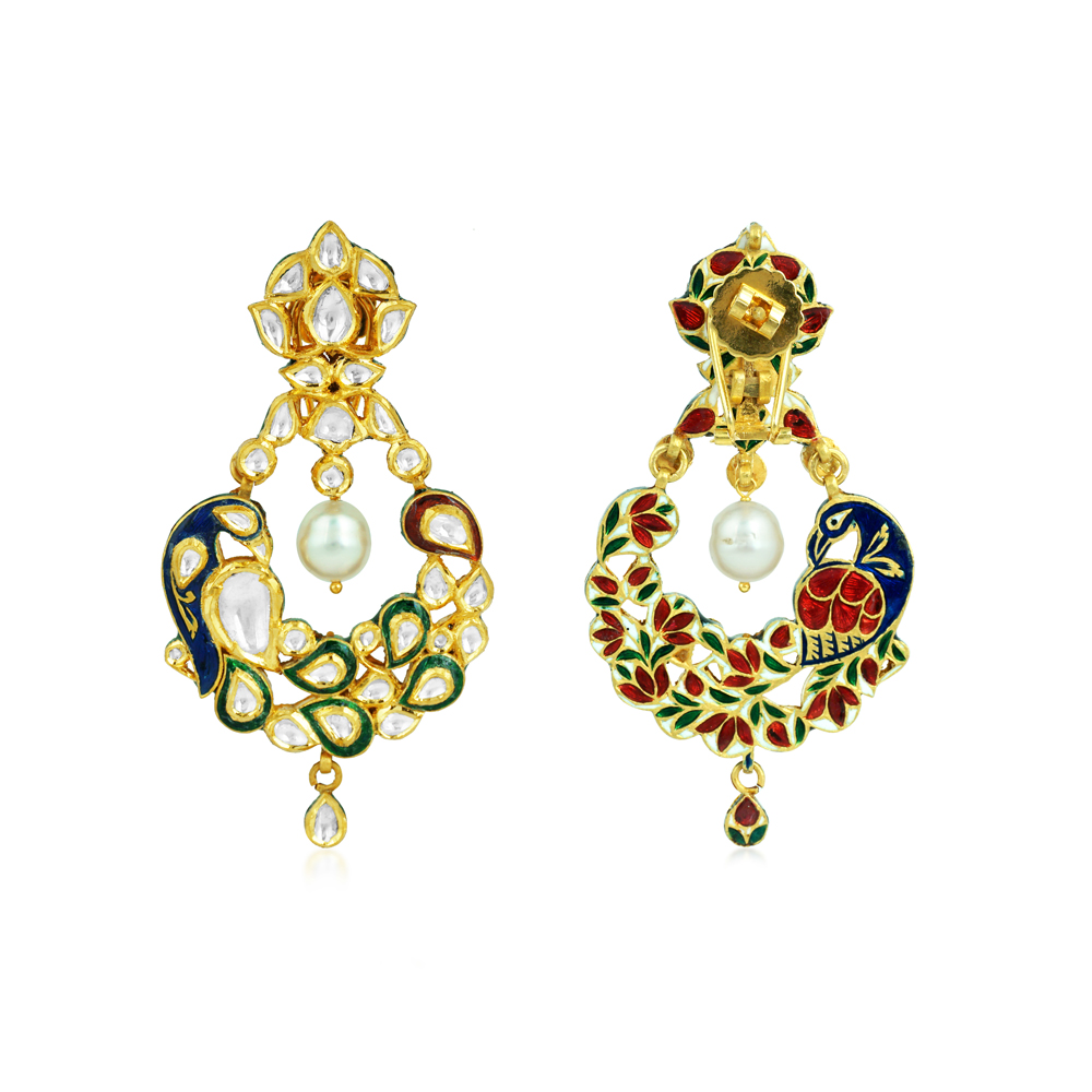 Peacock Motif Earrings with Polki, Enamel, and Pearl Drop