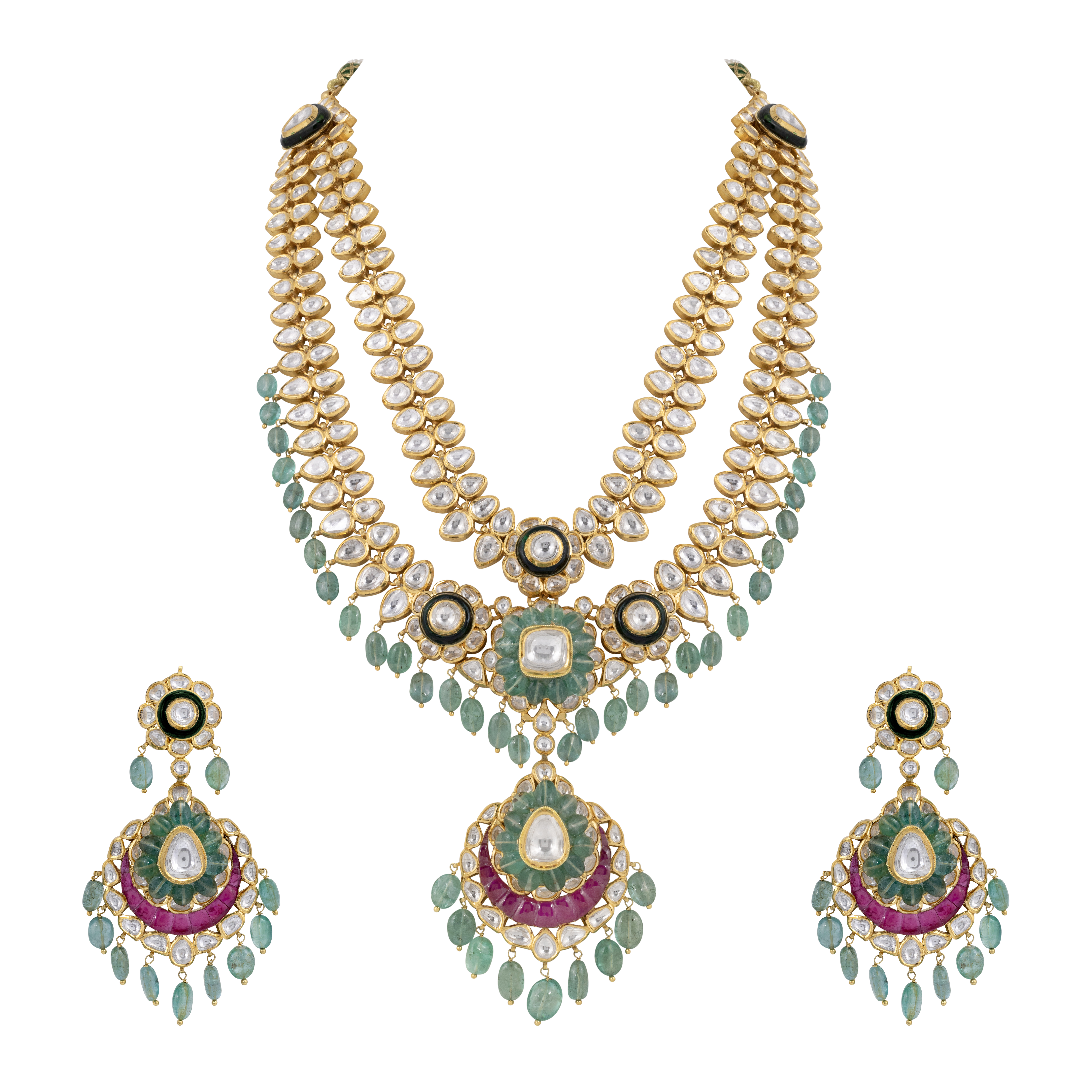 Two-Layer Polki Bridal Set with Ruby Talaf & Emerald Drops