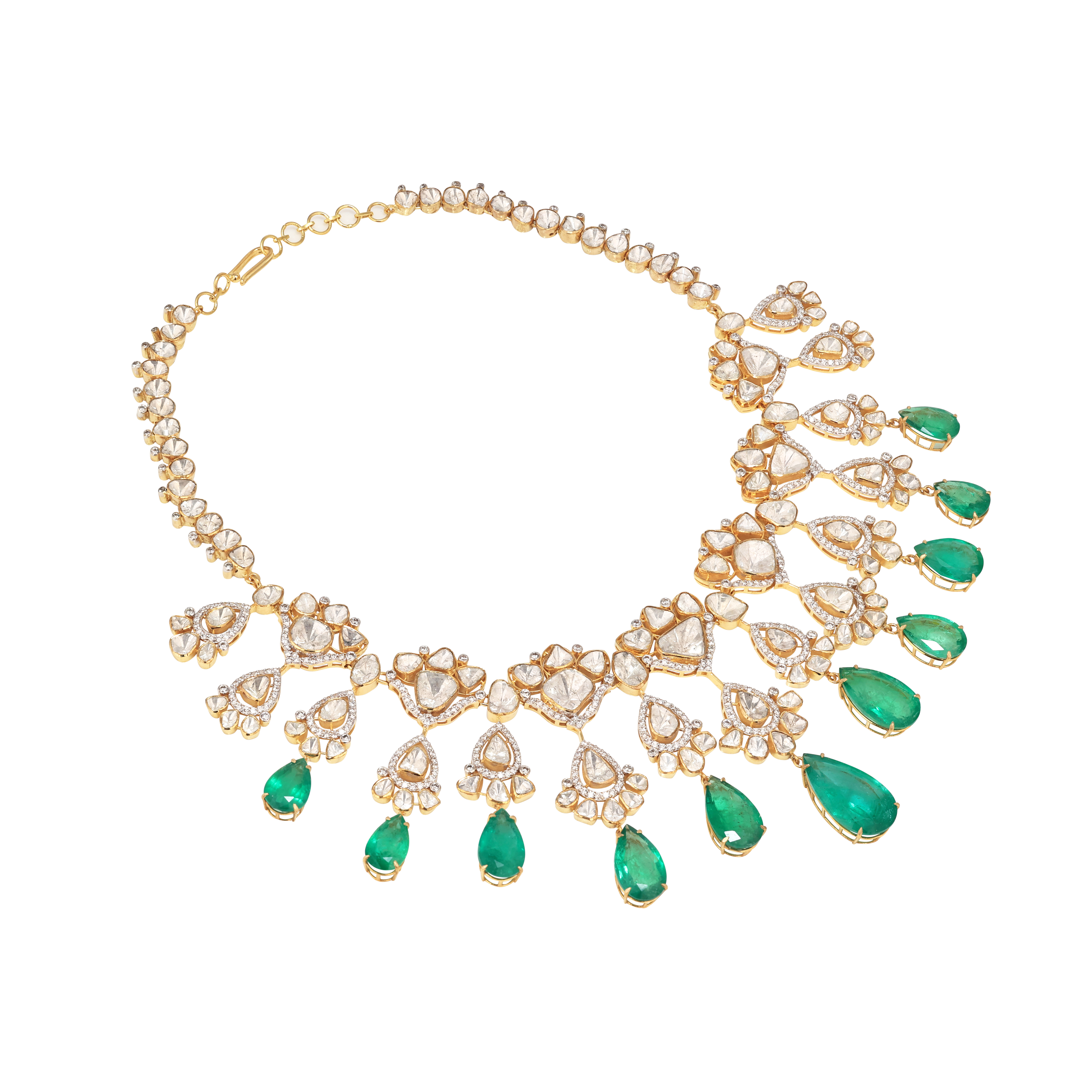 Faceted Emerald and Open Polki Bridal Necklace