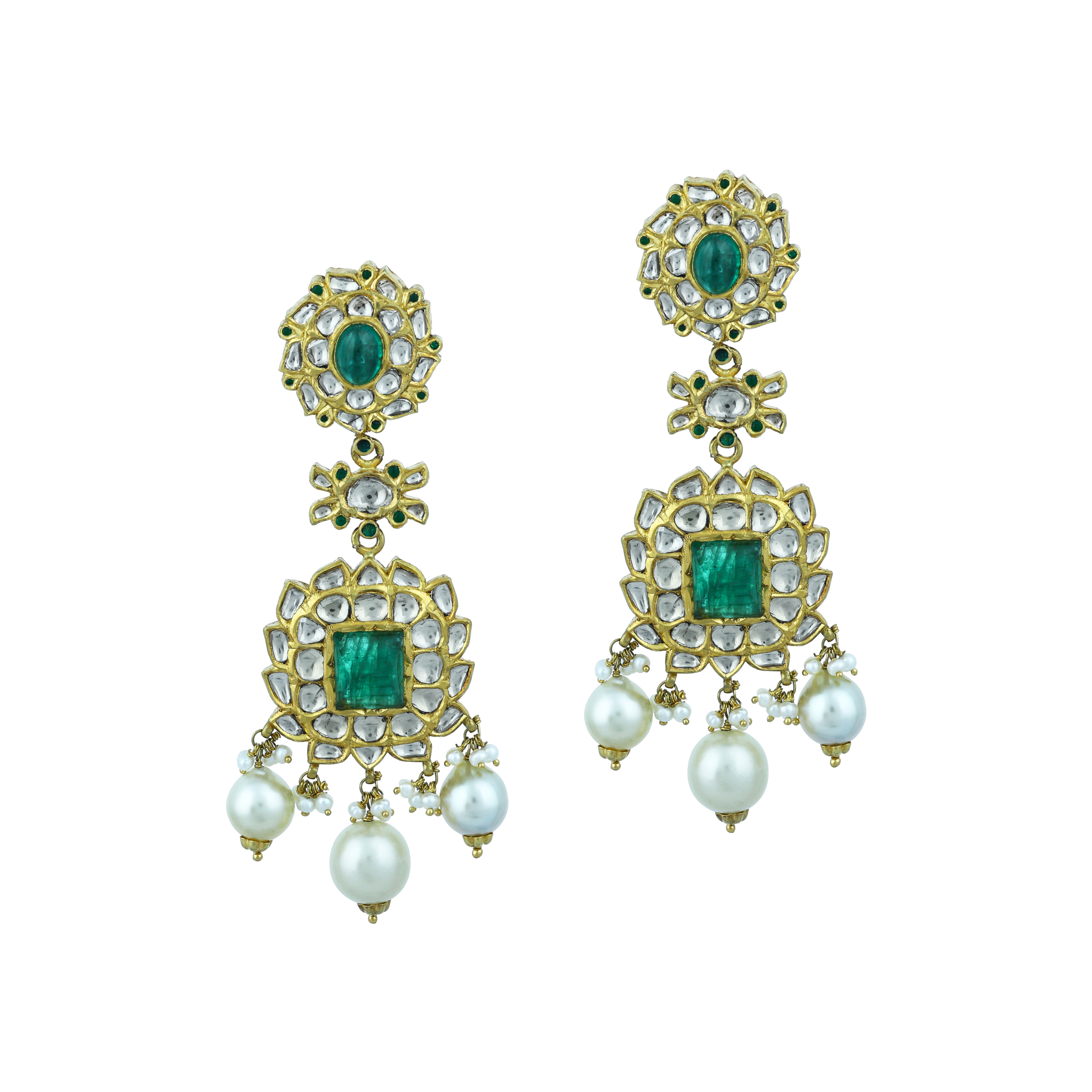 Triple-Line Necklace Set with Polkis, Emerald Pendant & Pearls