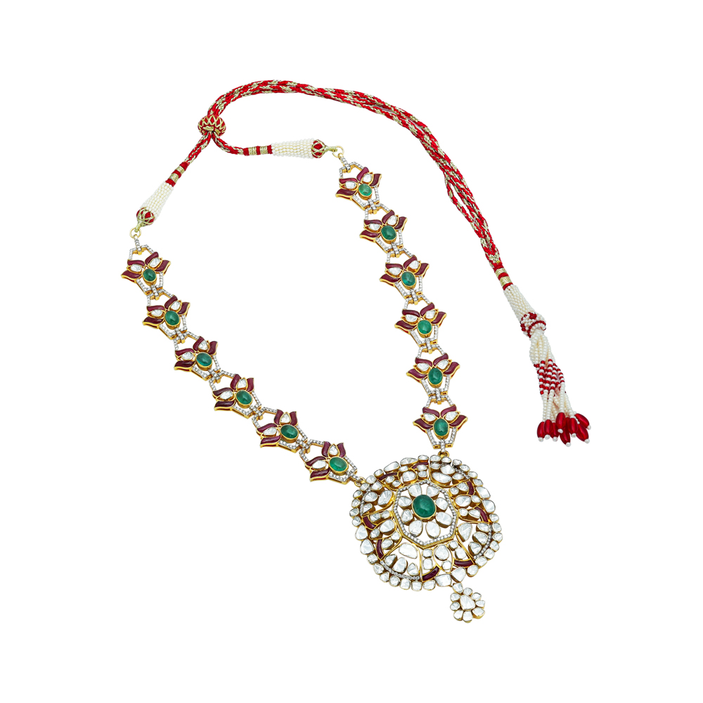 Emerald & Ruby Cabochon Necklace with Diamond Polki Halo