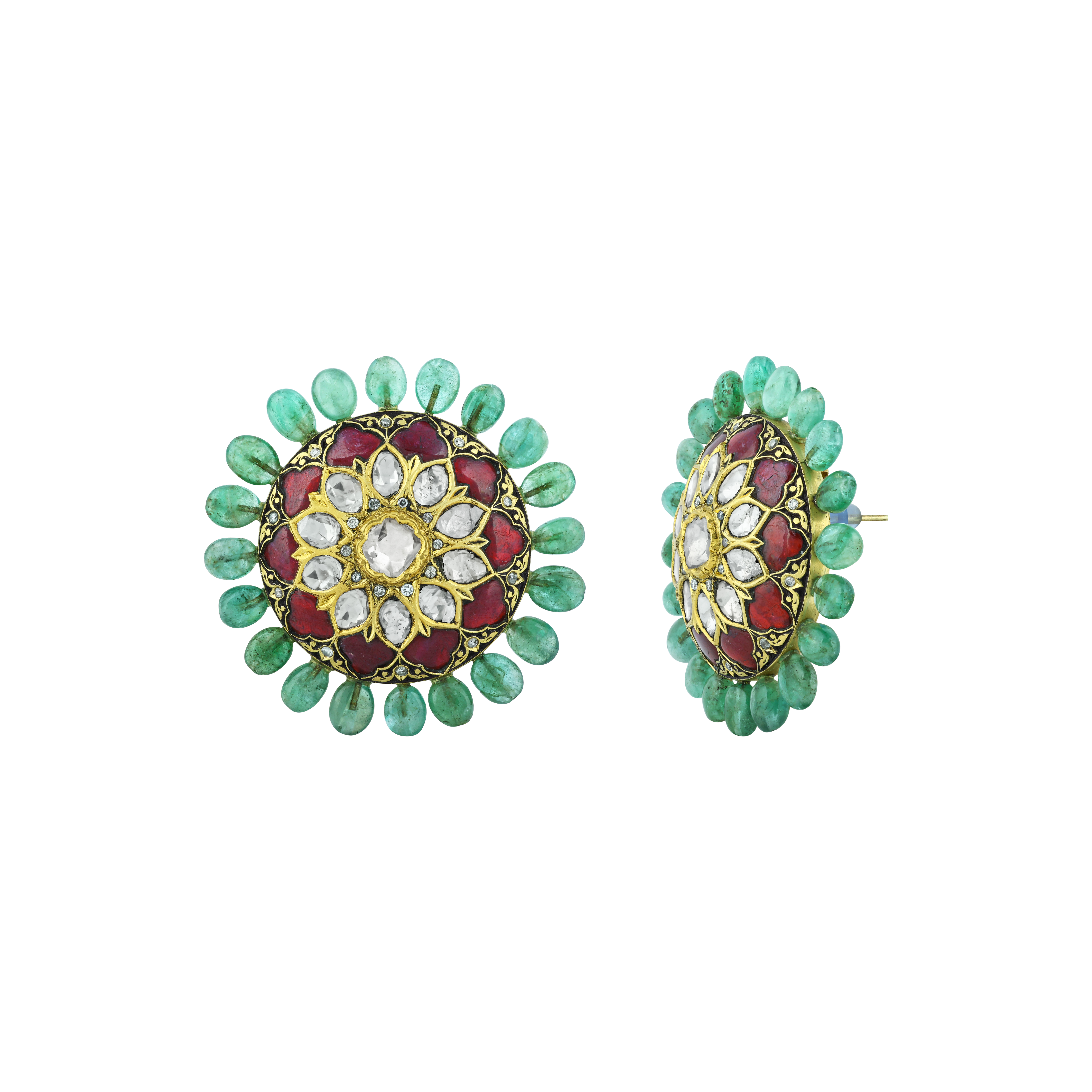 Floral Polki Stud Earrings with Red Talaf and Emerald Studded