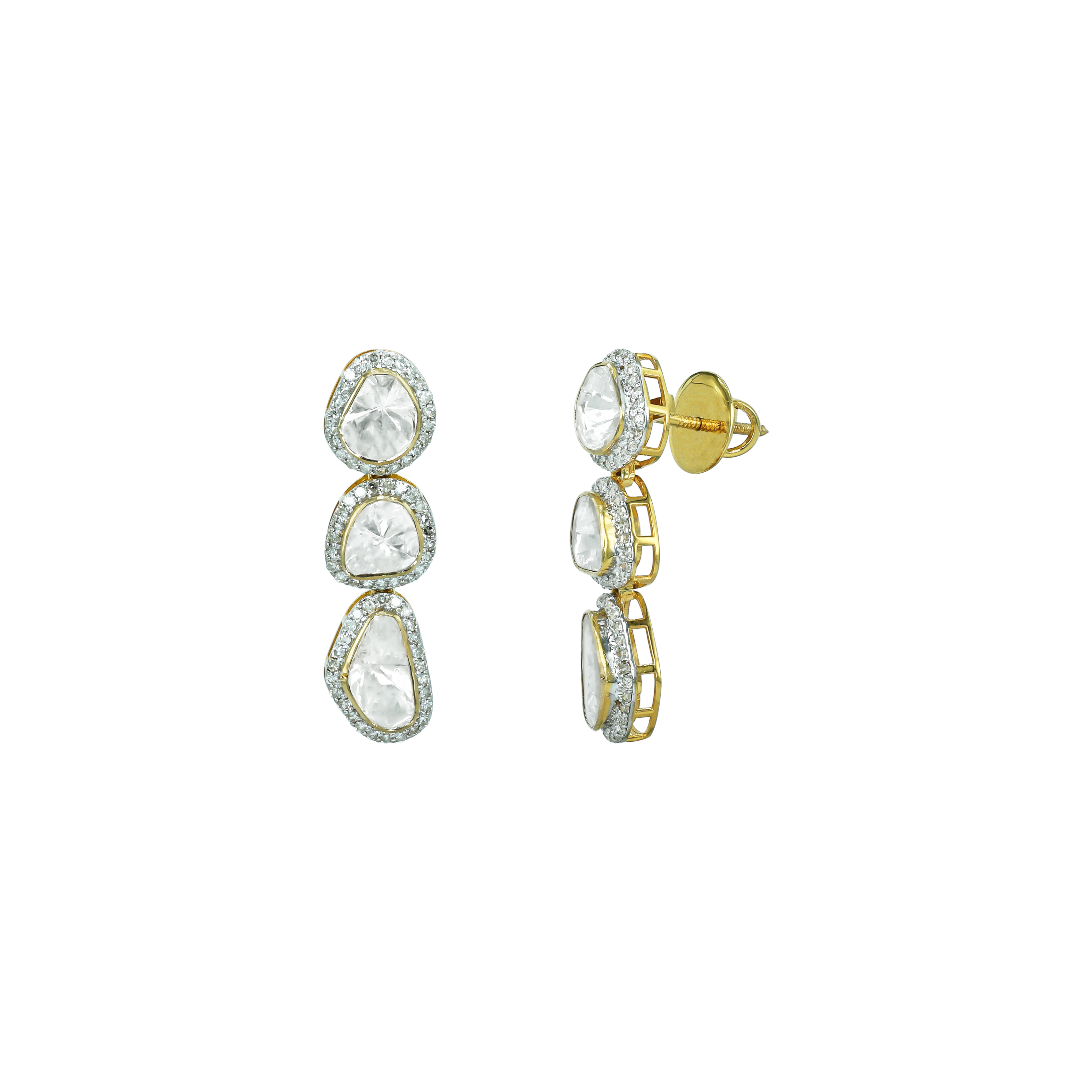 Triple Polki Diamond Drop Earrings with Sparkling Halos
