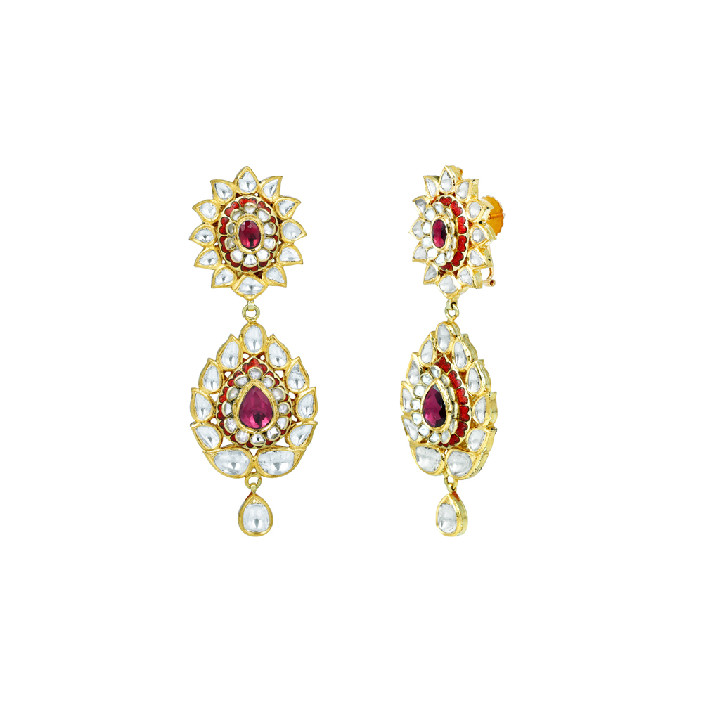 Floral Polki Earrings with Rhodolite and Red Enamel