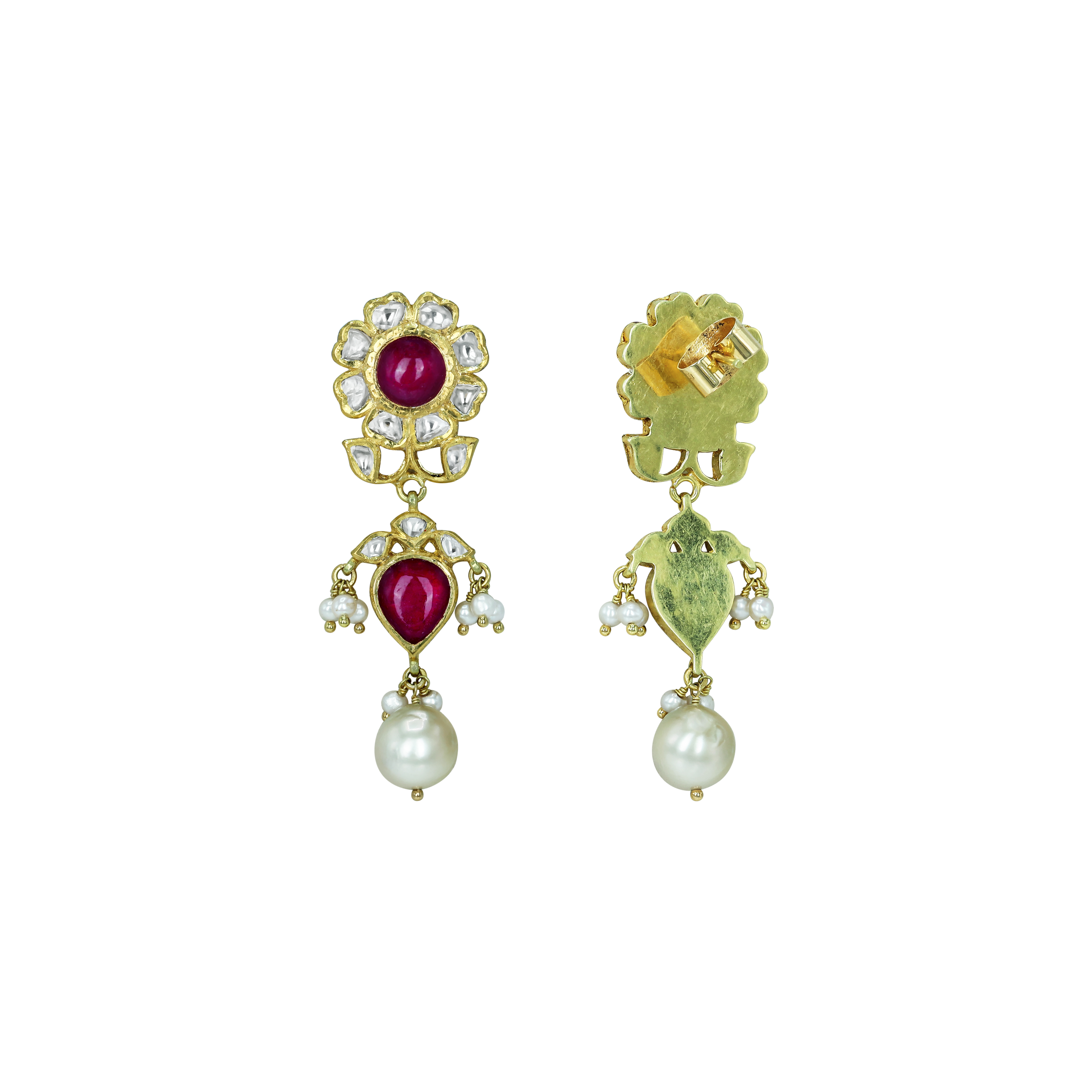 Pearl Strand Choker Set with Ruby, Polki Floral Motif, and Pearl Drop