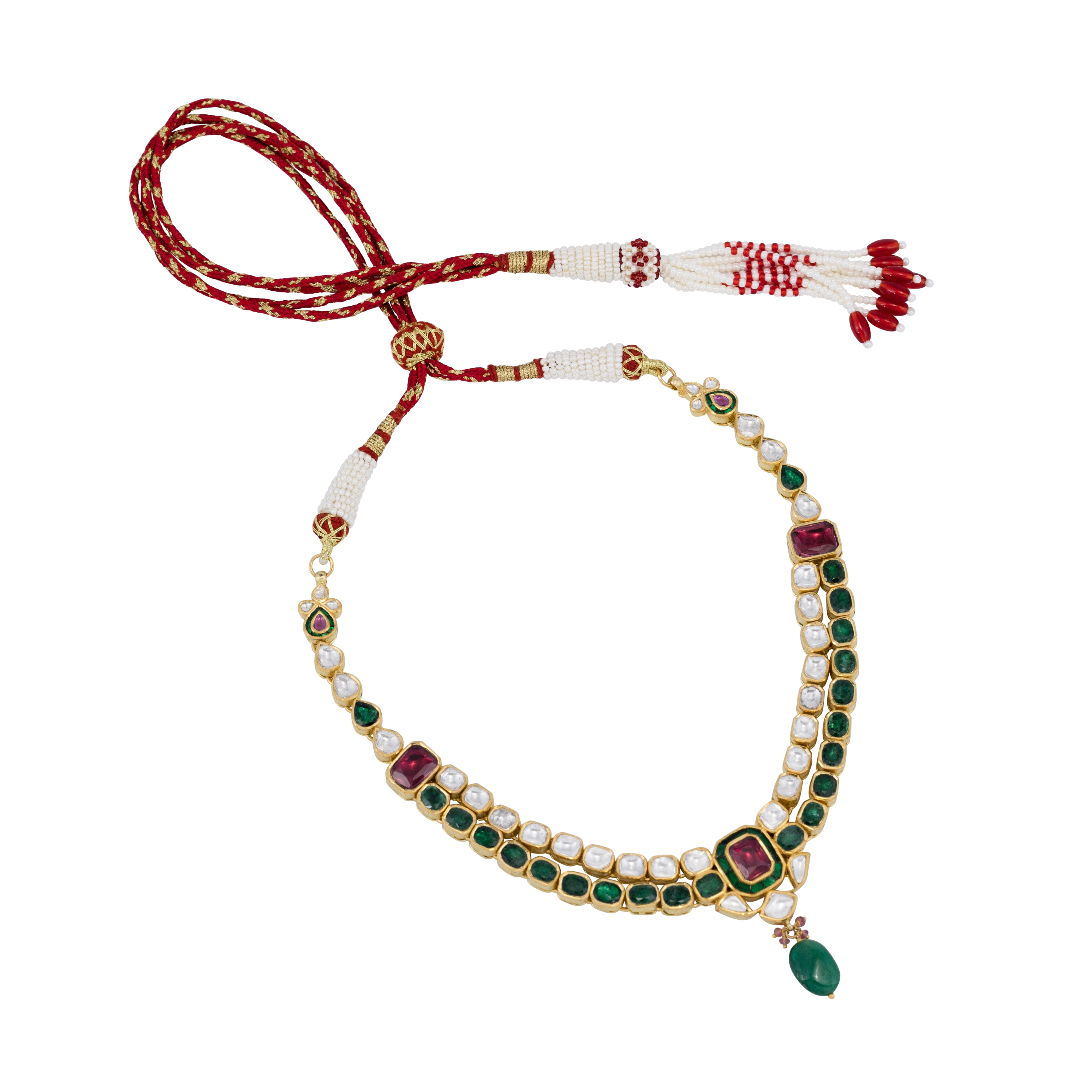 Two-Row Polki Necklace with Tourmaline Center