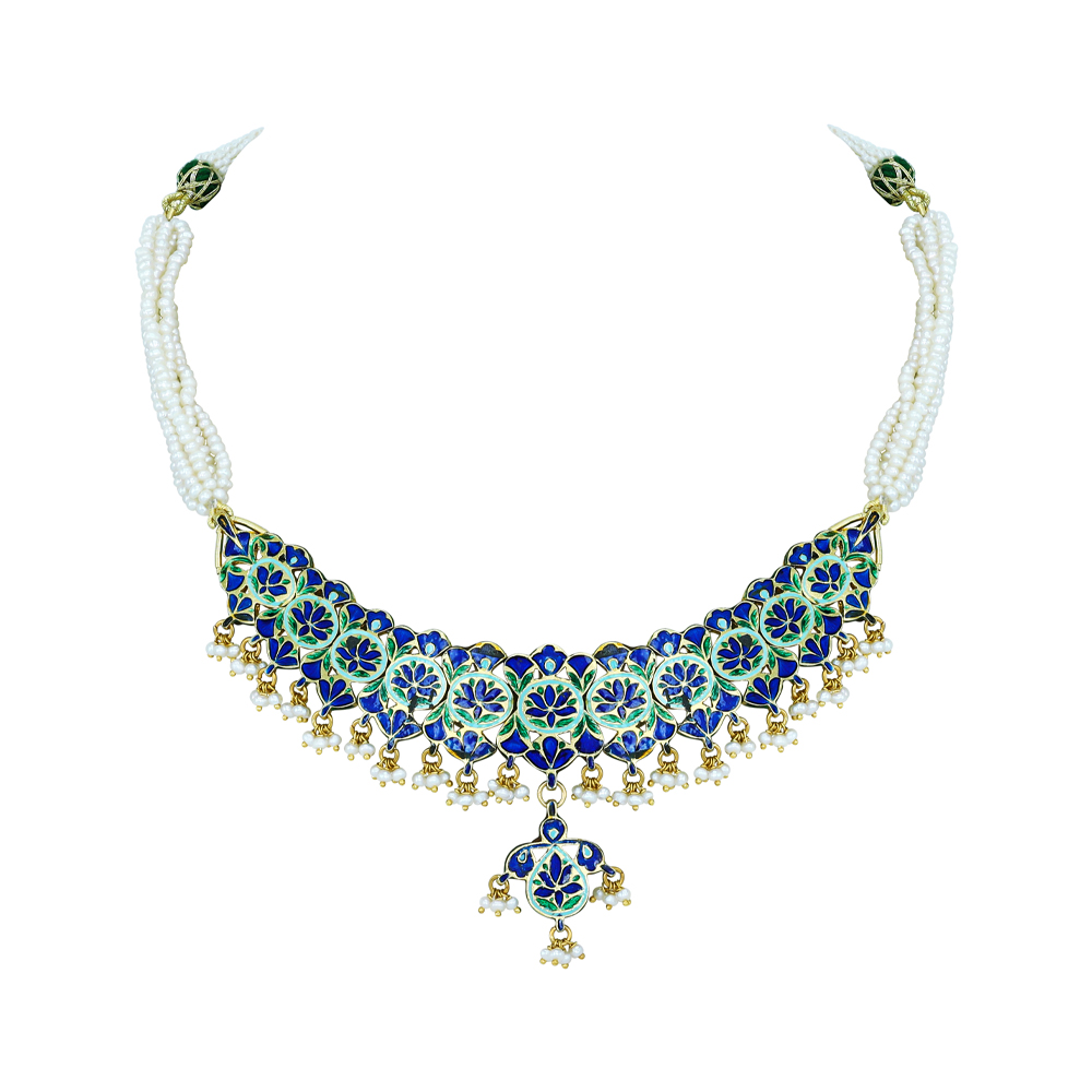 Polki Necklace with Green Enamel and Pearls