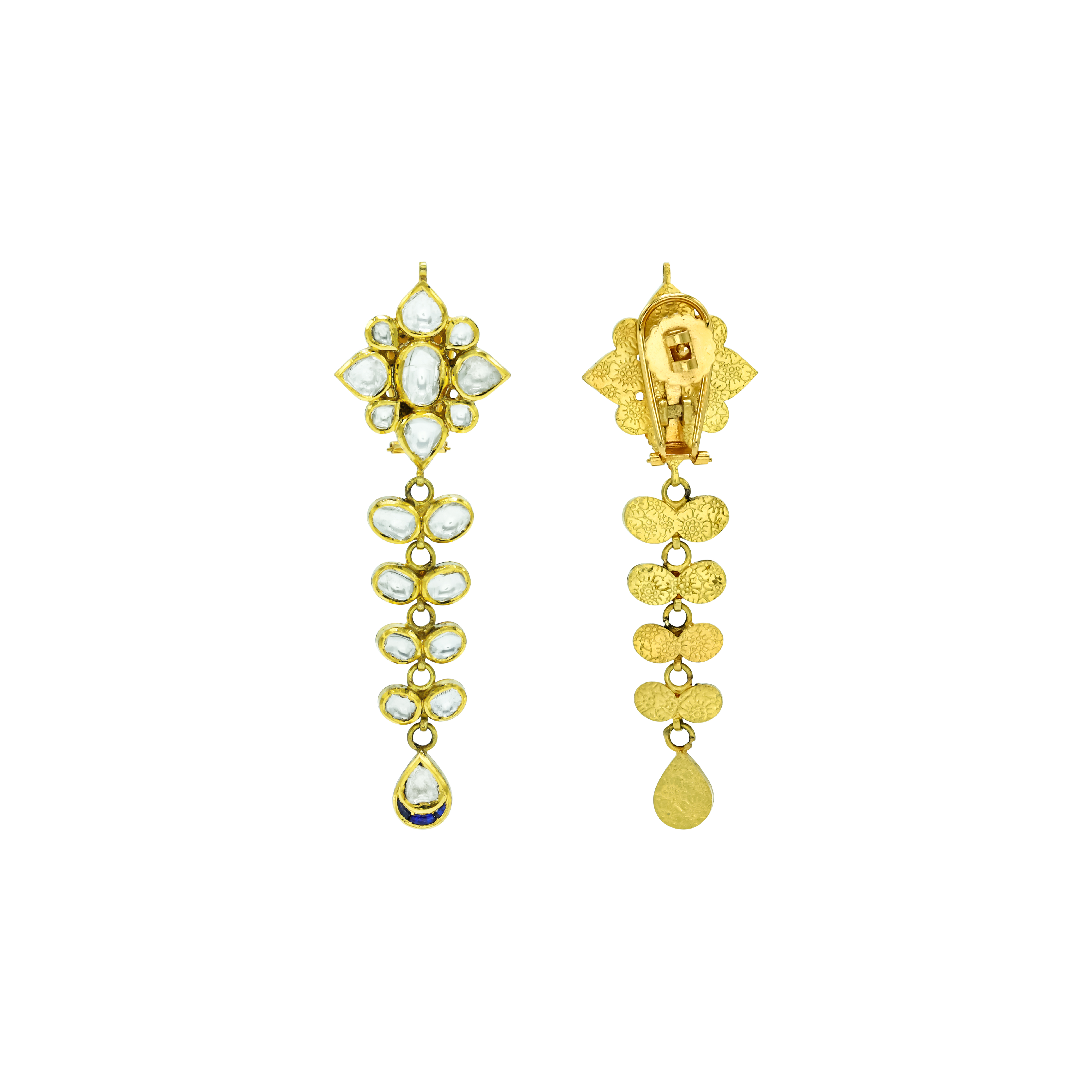 Gold Polki Drop Earrings with Floral Cluster and Teardrop