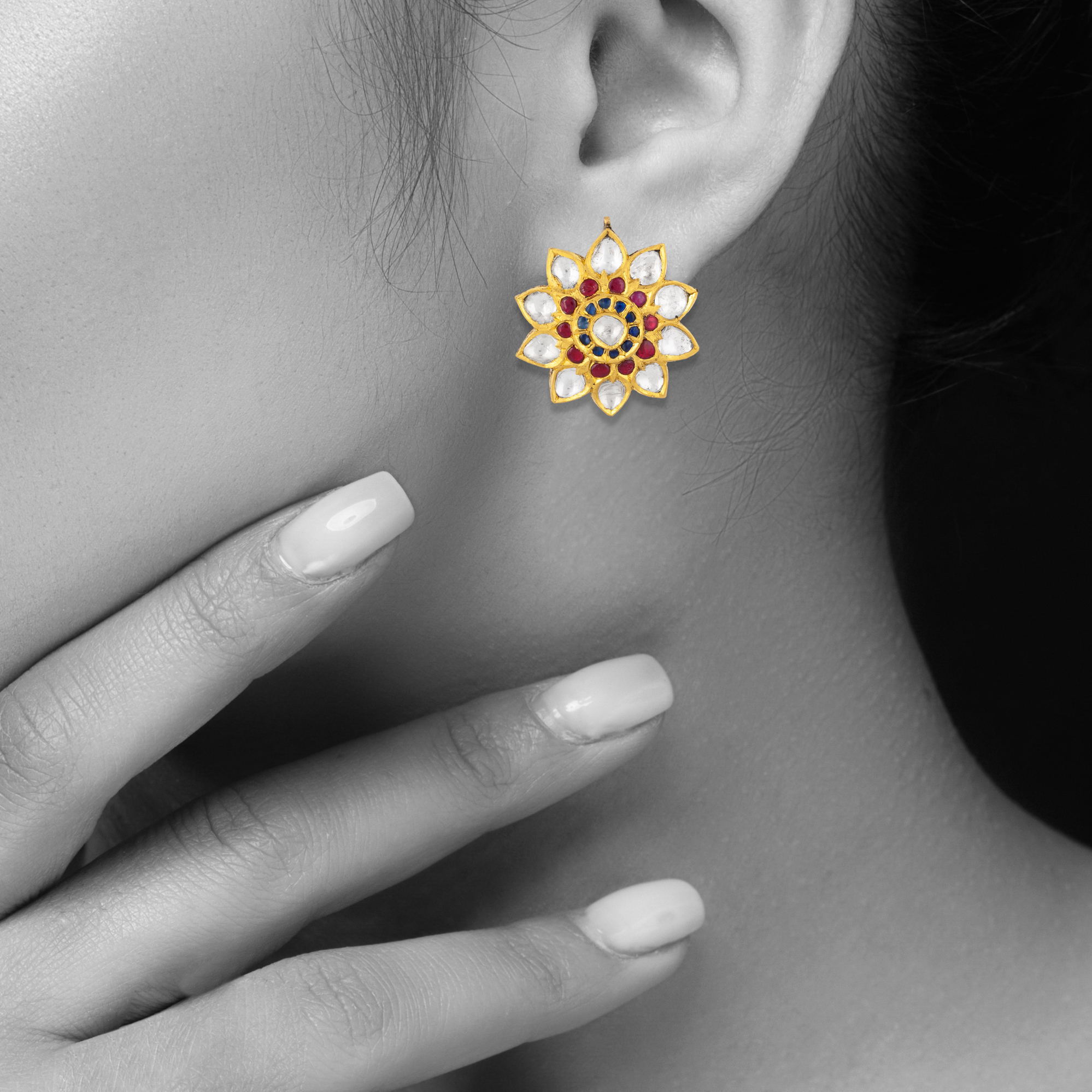 Floral Polki Studs with Red-Blue Talaf & Polki Petals