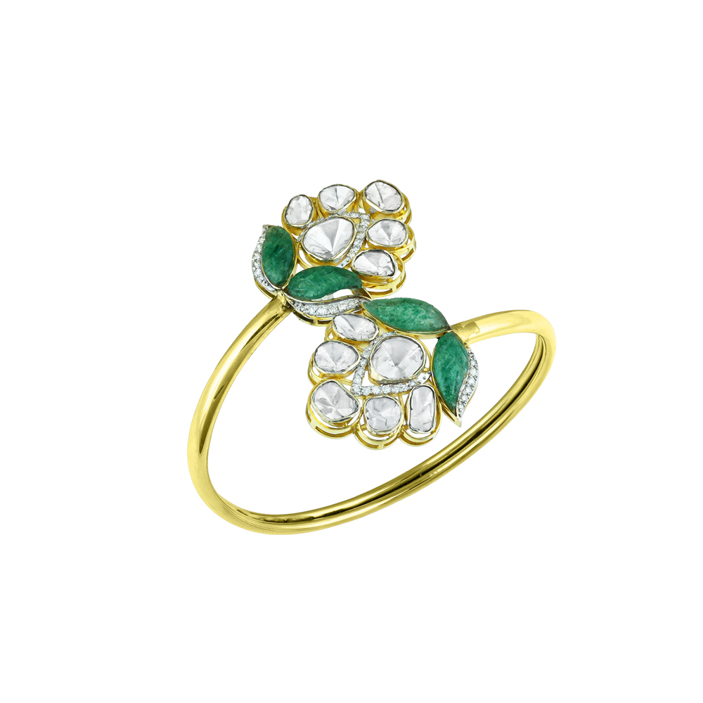 Floral Polki Bangle with Green Talaf Stone and Dual-Flower Design