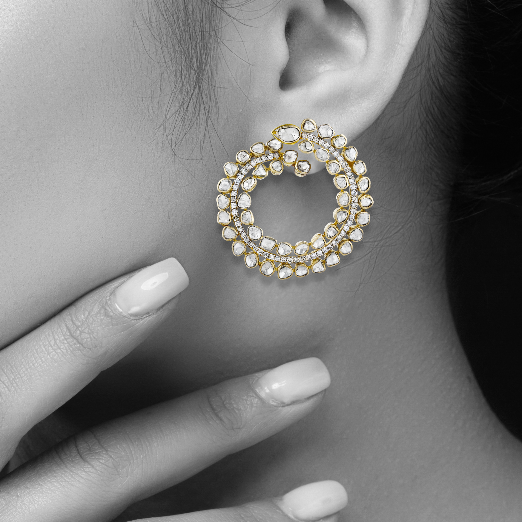 Spiral Polki Earrings with Uncut Diamonds in Modern Design