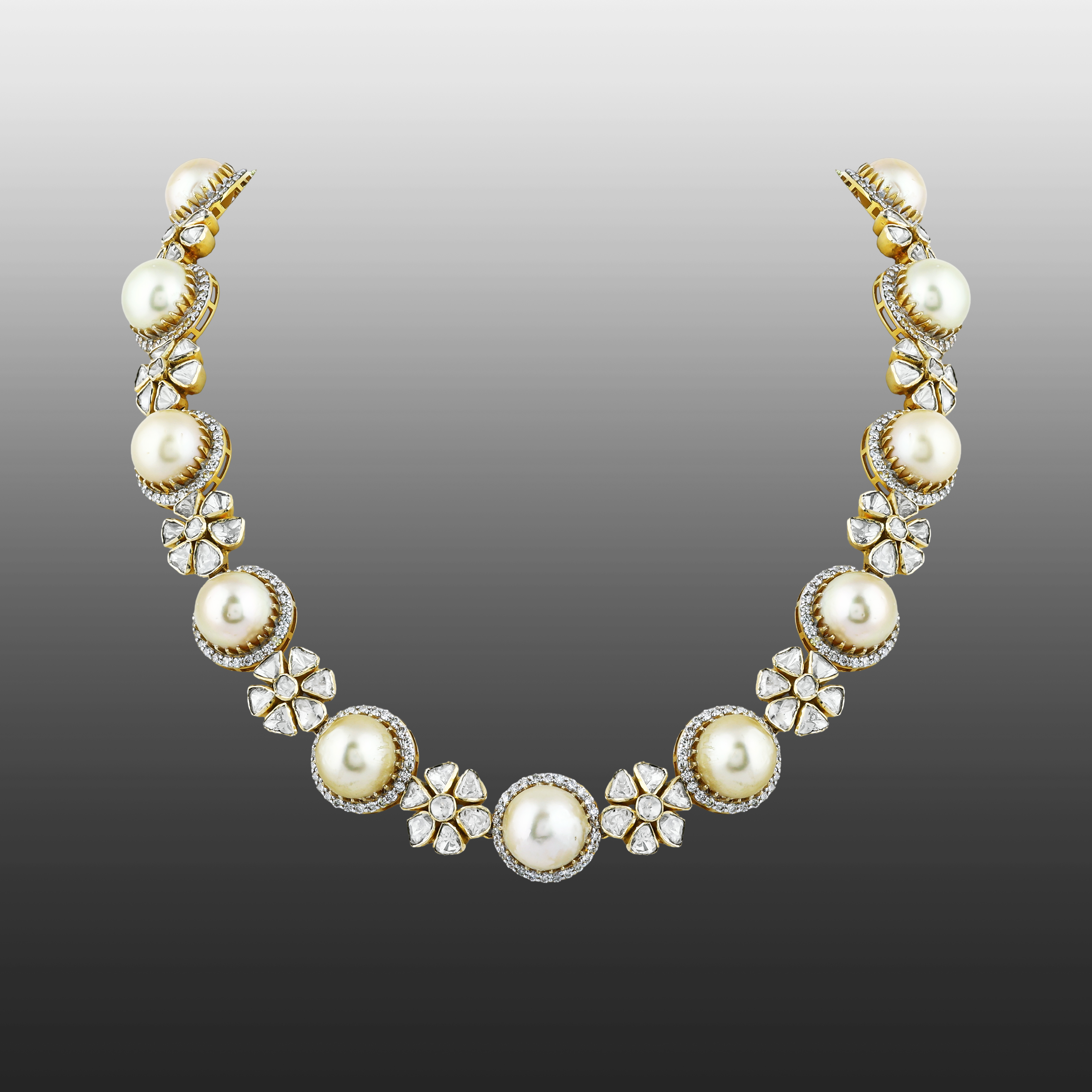 Pearl Necklace with Polki Floral Motifs & Diamond Halos