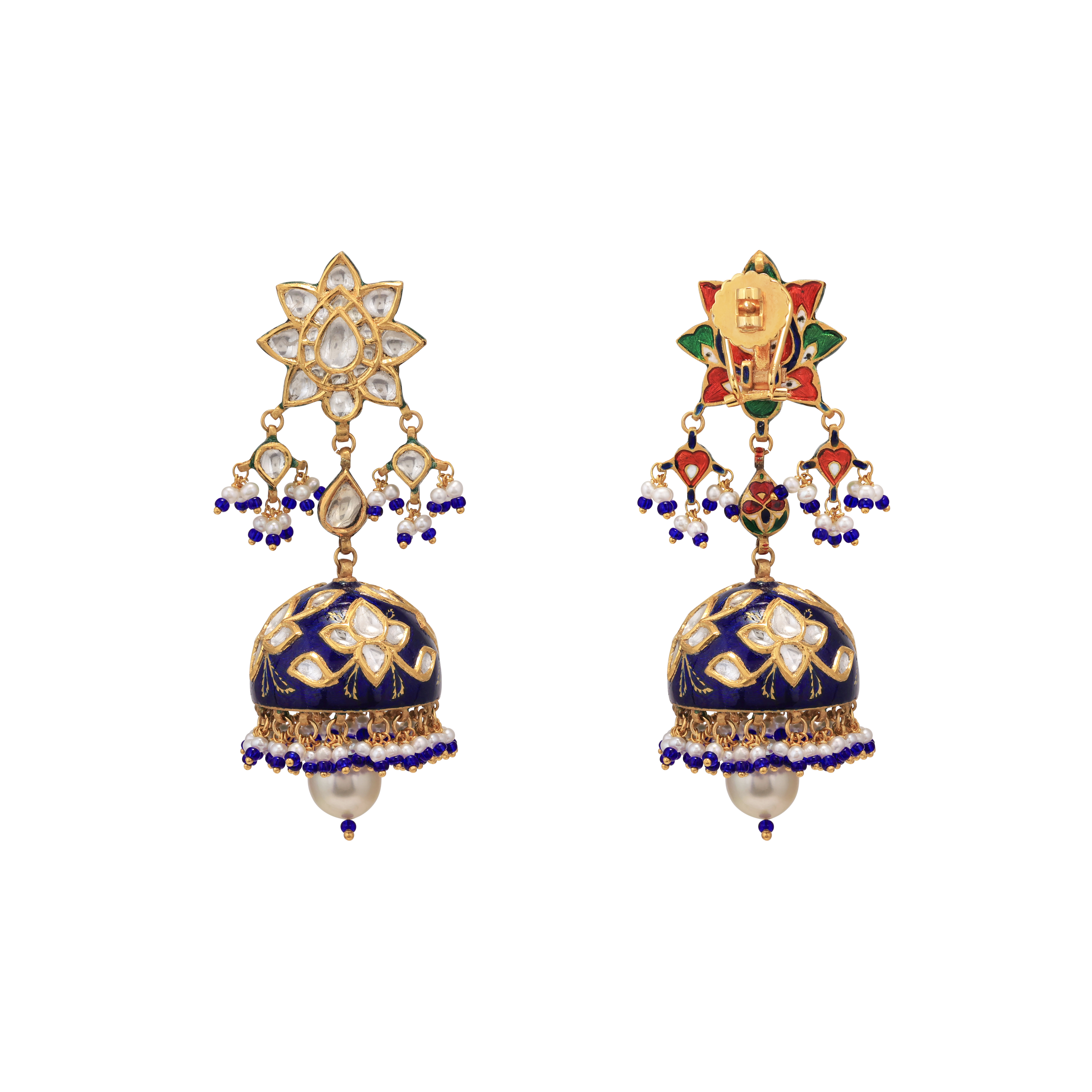 Blue Meenakari Jhumki with Polki and South Sea Pearl Drop