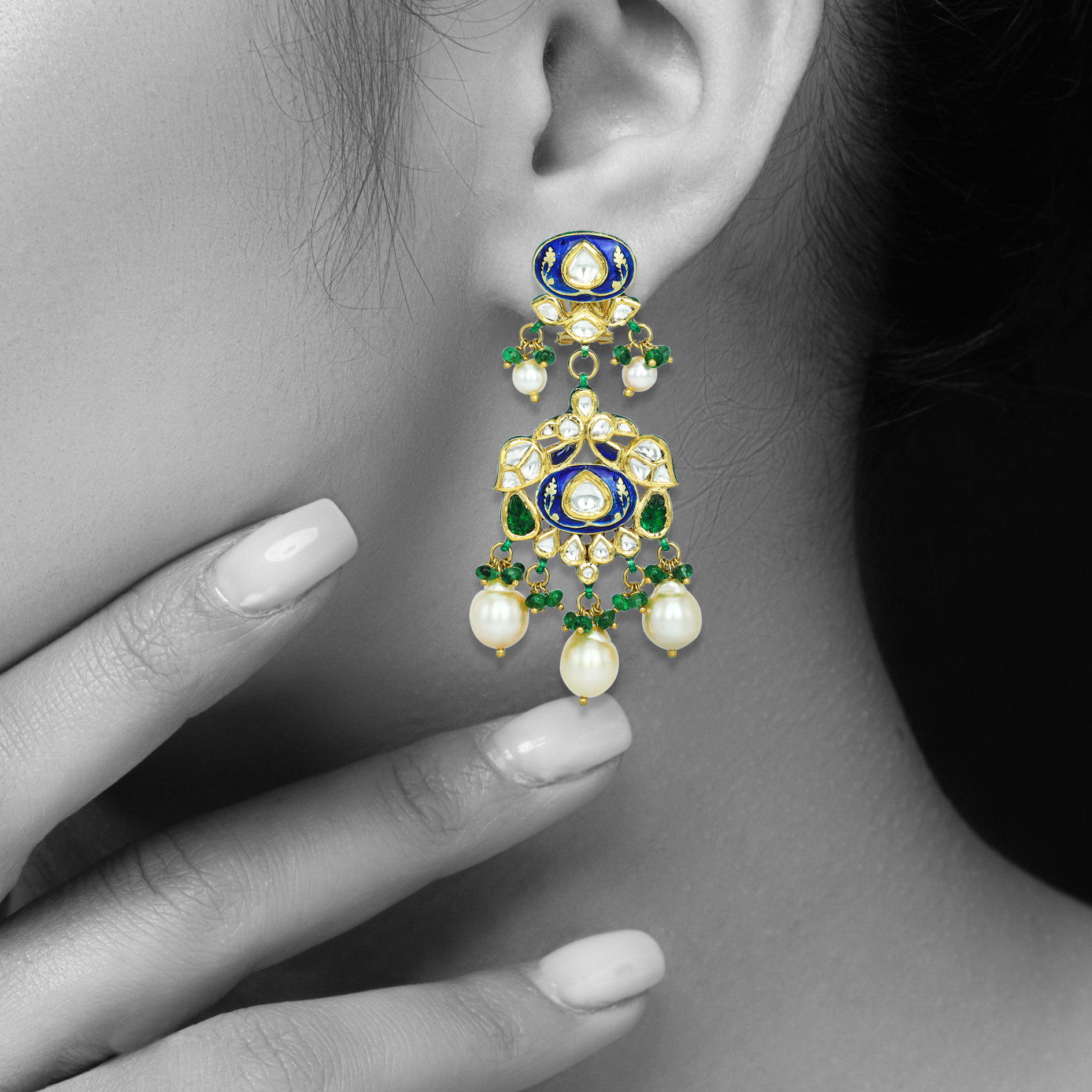 Blue Enamel Jadau Earrings with Polki, Emeralds, and Pearls