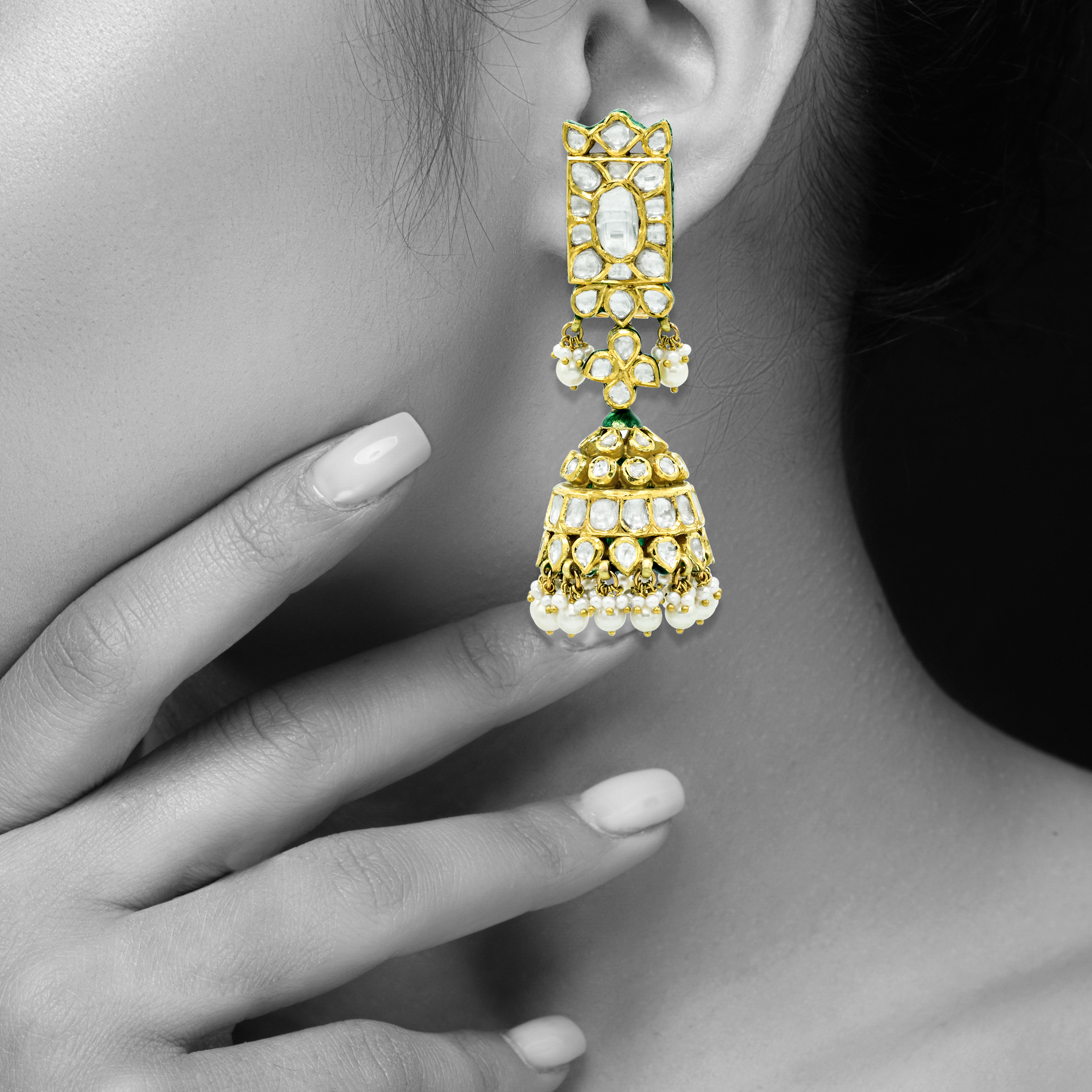 Gold Jhumki Earrings with Polki, Ivory Finish, and Pearls