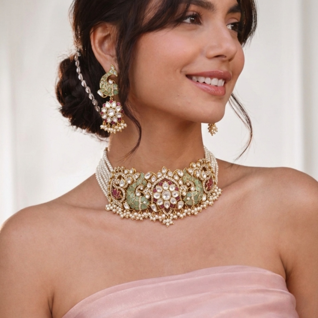 Floral Polki Diamond Choker Set with Green Talaf & Fish Motifs