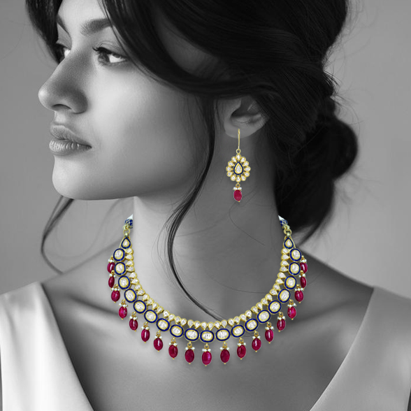 Blue Enamel Necklace with Polki Diamonds, Pearls, and Ruby Drops