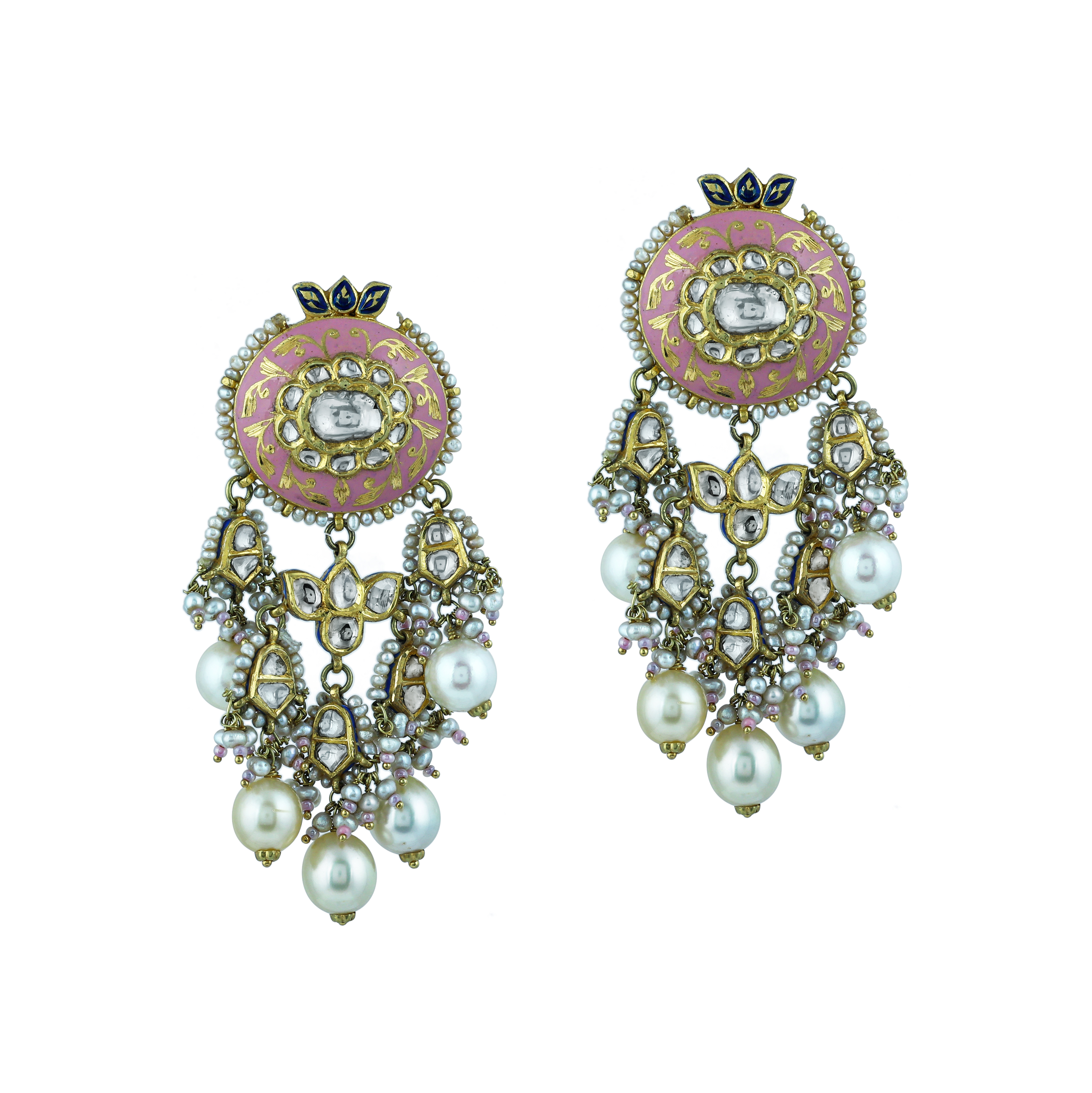 Pink Enamel Necklace Set with Uncut Diamond Polkis & Pearls