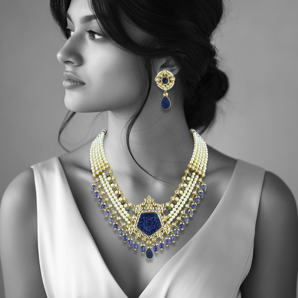 Pearl Strings and Carved Blue Stone Necklace Set with Polki