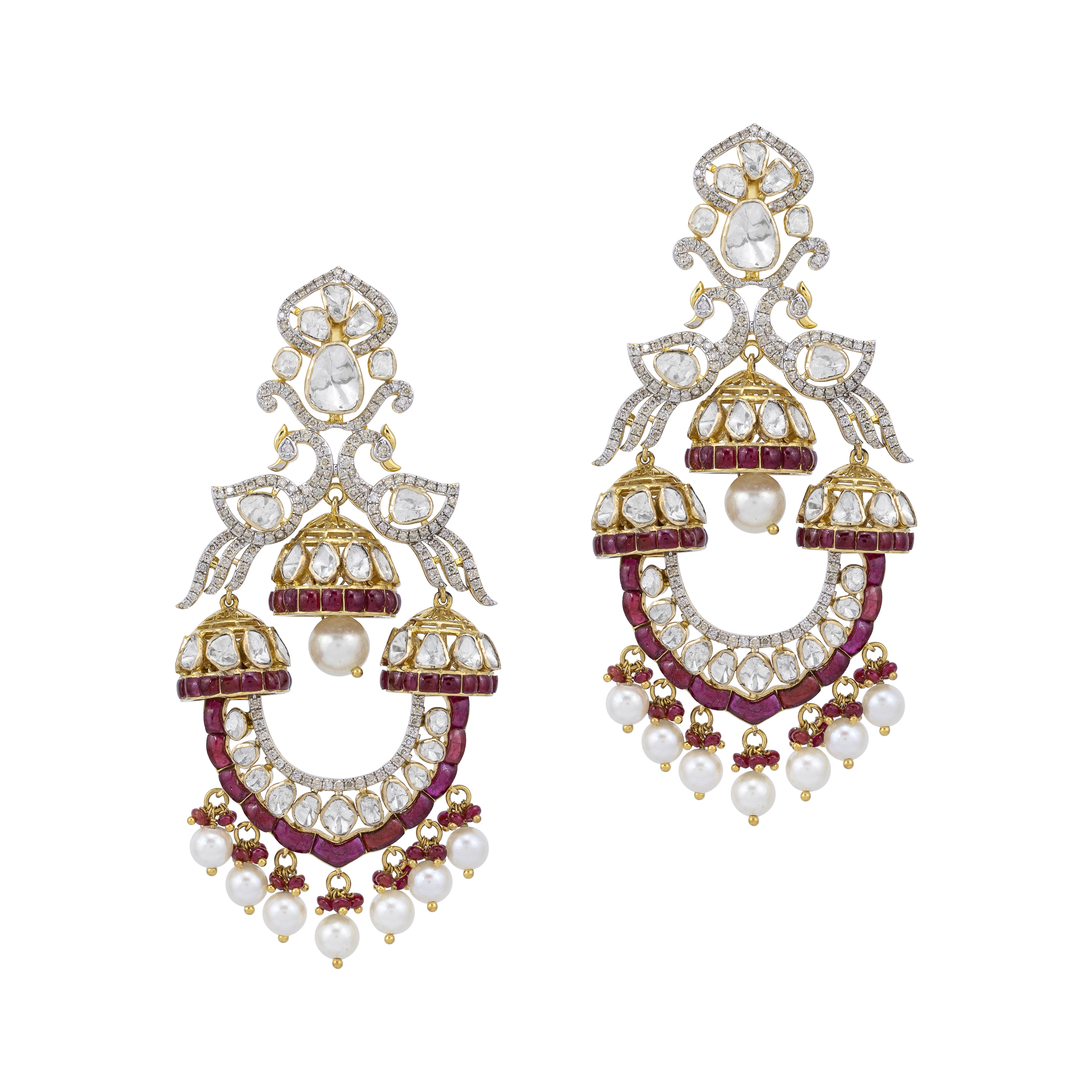 Ruby Bead and Pearl Danglers with Polki