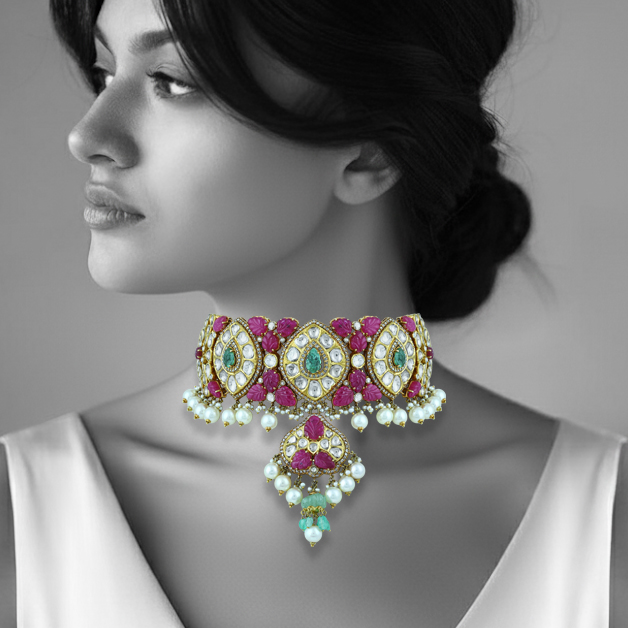 Ruby, Diamond & Emerald Choker Set with Pearl Drops