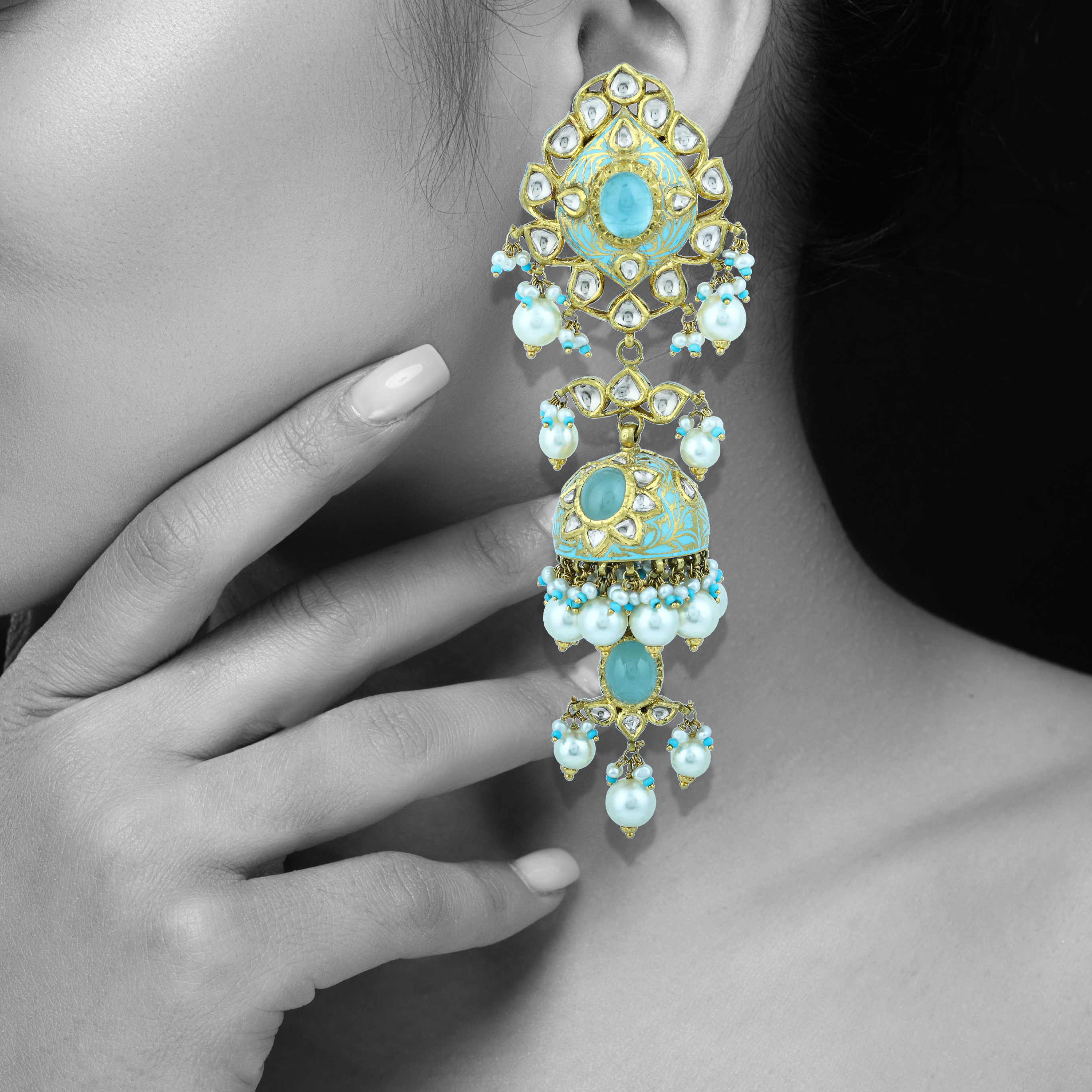 Turquoise Enamel Choker Set with Teardrop Polki and Pearl Clusters