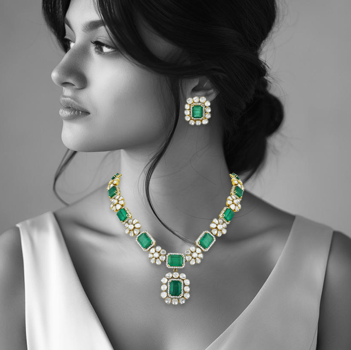 Emerald & Polki Necklace Set with Floral Motifs