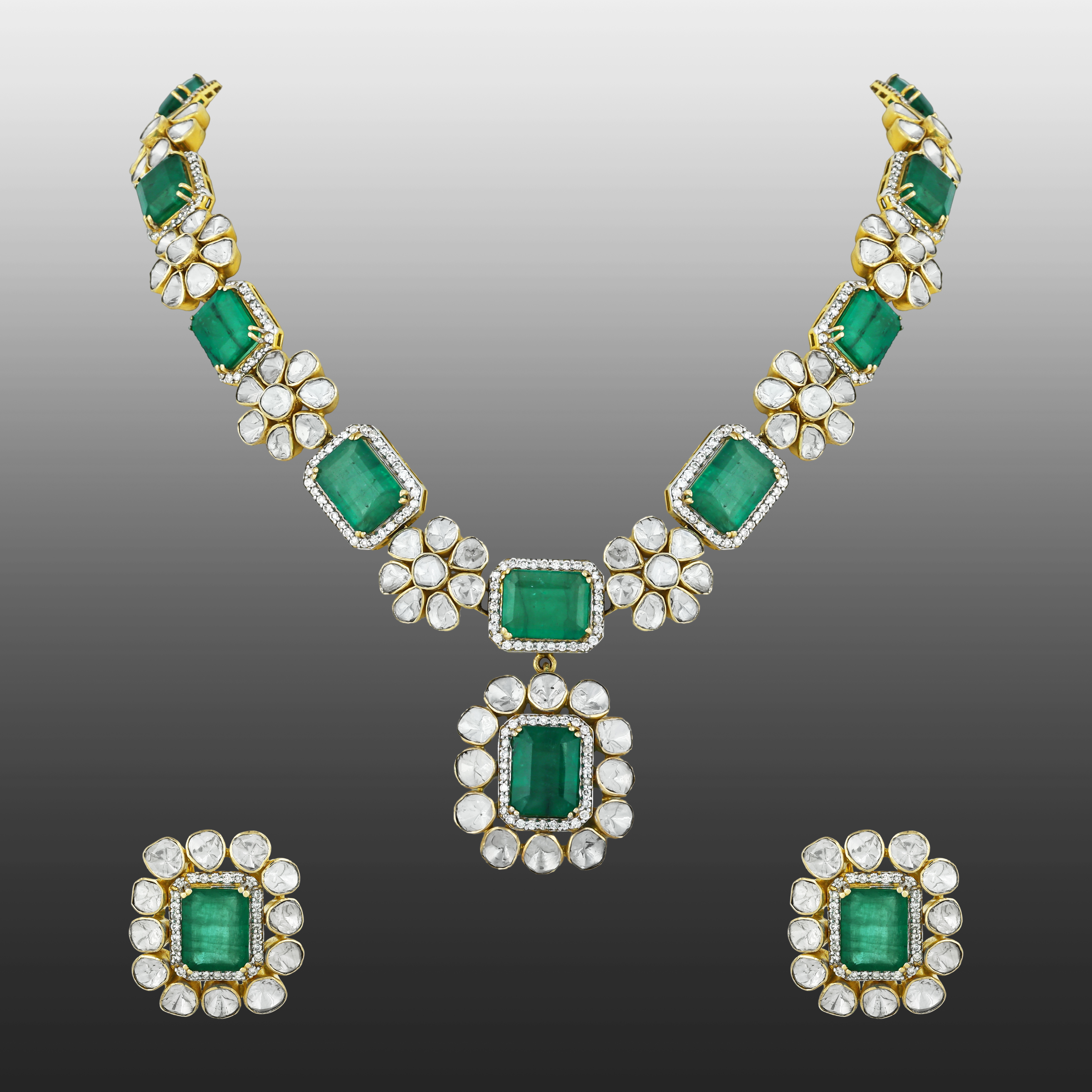 Emerald & Polki Necklace Set with Floral Motifs