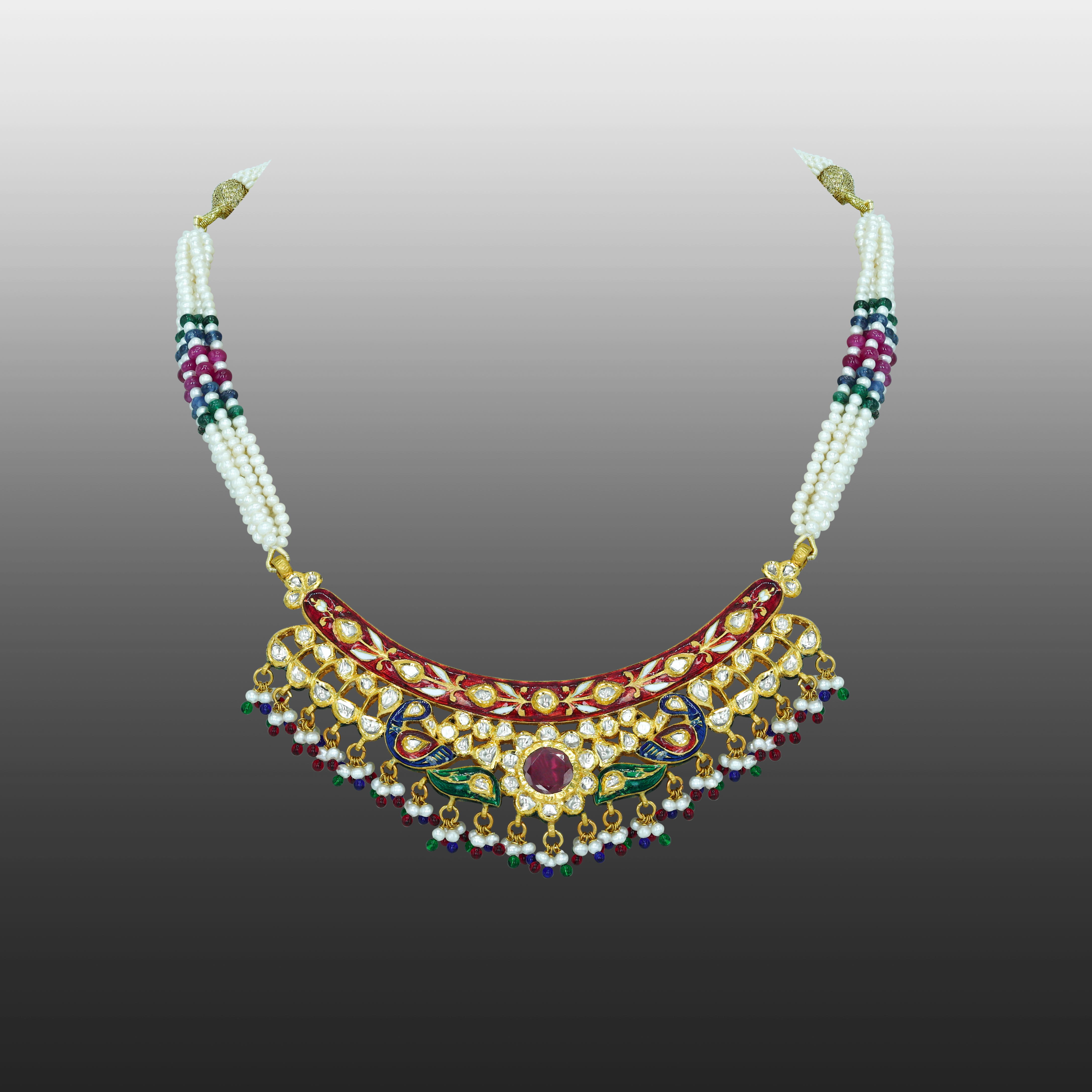 Polki Necklace with Red Enamel and Multicolour Bead Fringes